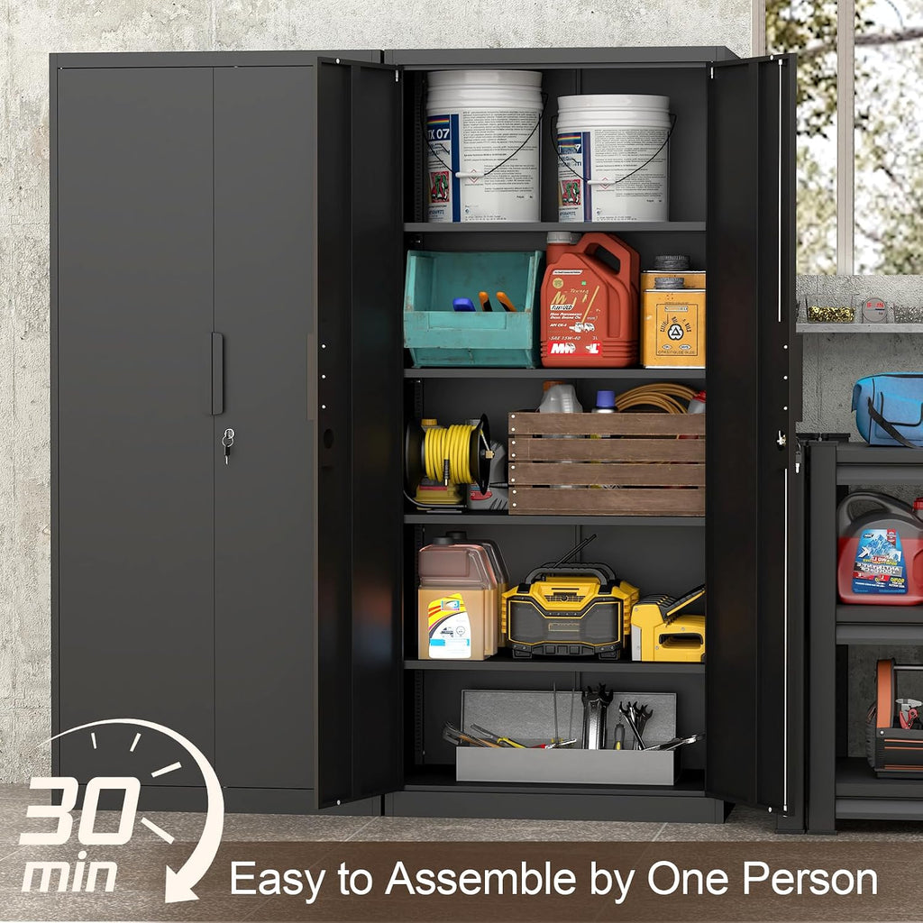 GREATMEET Metal Garage Storage Cabinets, 71' Tall Locking Cabinets with Doors and Shelves, Utility Cabinet with Lock for Garage, Home, Black