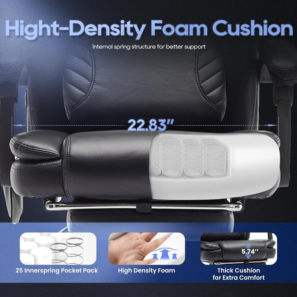 Massage Office Chair with Footrest, High Back Executive Chair, Ergonomic Desk Chair with Removable Pillow, 2 Lumbar Massage Points, Reclining, Leather Computer Chair, Black