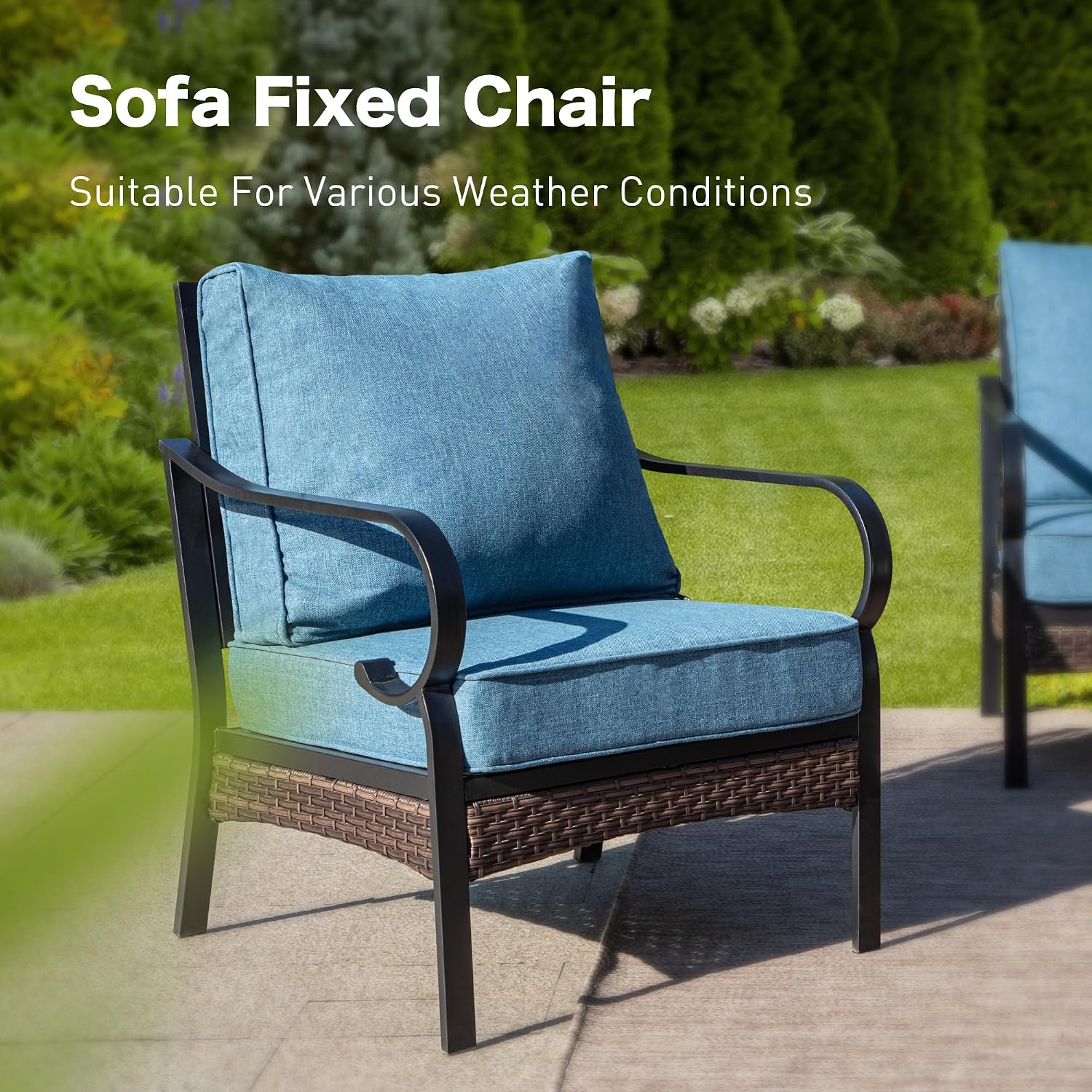SUNSHINE VALLEY 4 Piece Metal Outdoor Patio Furniture Set, Patio Conversation Sets 1 3-Seater Sofa, 2 Chairs with 5.75' Extra Thick Cushion and Coffee Table, Black Frame Backyard Furniture, Denim Blue