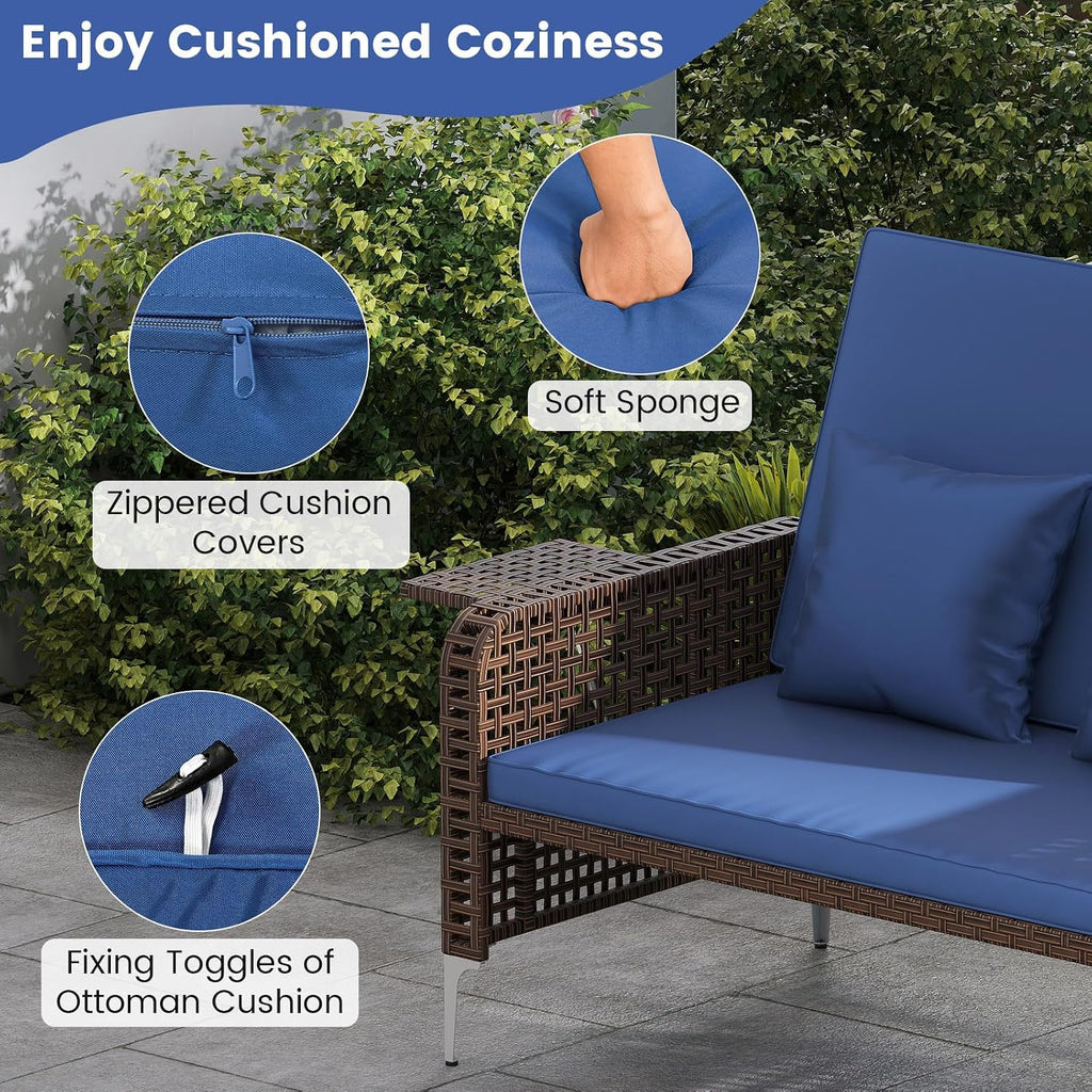 Tangkula Patio Rattan Daybed with 4-Level Adjustable Backrest, Boho Outdoor Wicker Loveseat & Storage Ottoman with Cushion, 2-Person Sun Lounger with Folding Tables for Poolside, Backyard & Garden