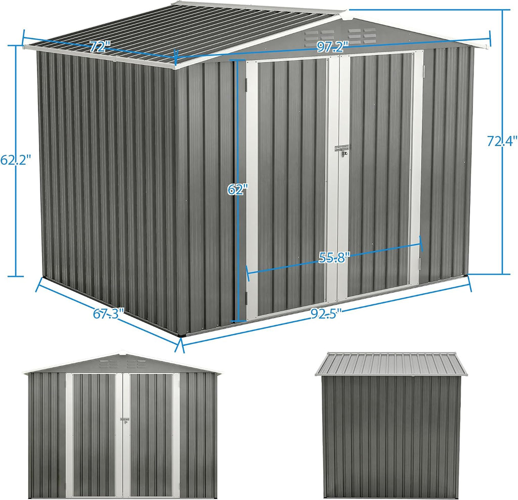 10x8 ft Outdoor Storage shed All Weather Metal Garden shed with Lockable Double Doors Tool Storage for Backyard Patio Lawn and Garden Organization Large Capacity (8x6 ft Grey with Floor Frame)