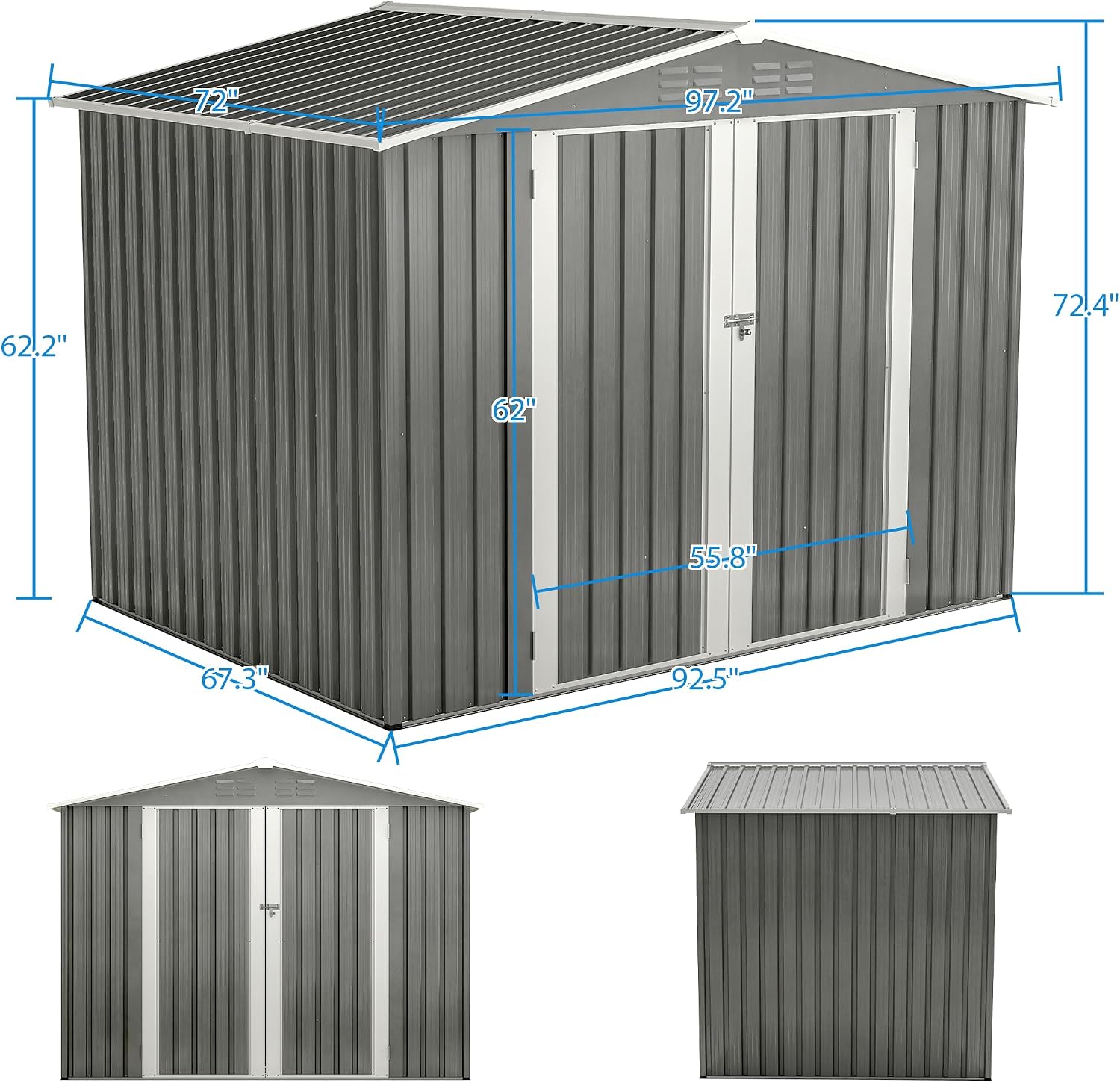 10x8 ft Outdoor Storage shed All Weather Metal Garden shed with Lockable Double Doors Tool Storage for Backyard Patio Lawn and Garden Organization Large Capacity (8x6 ft Grey with Floor Frame)