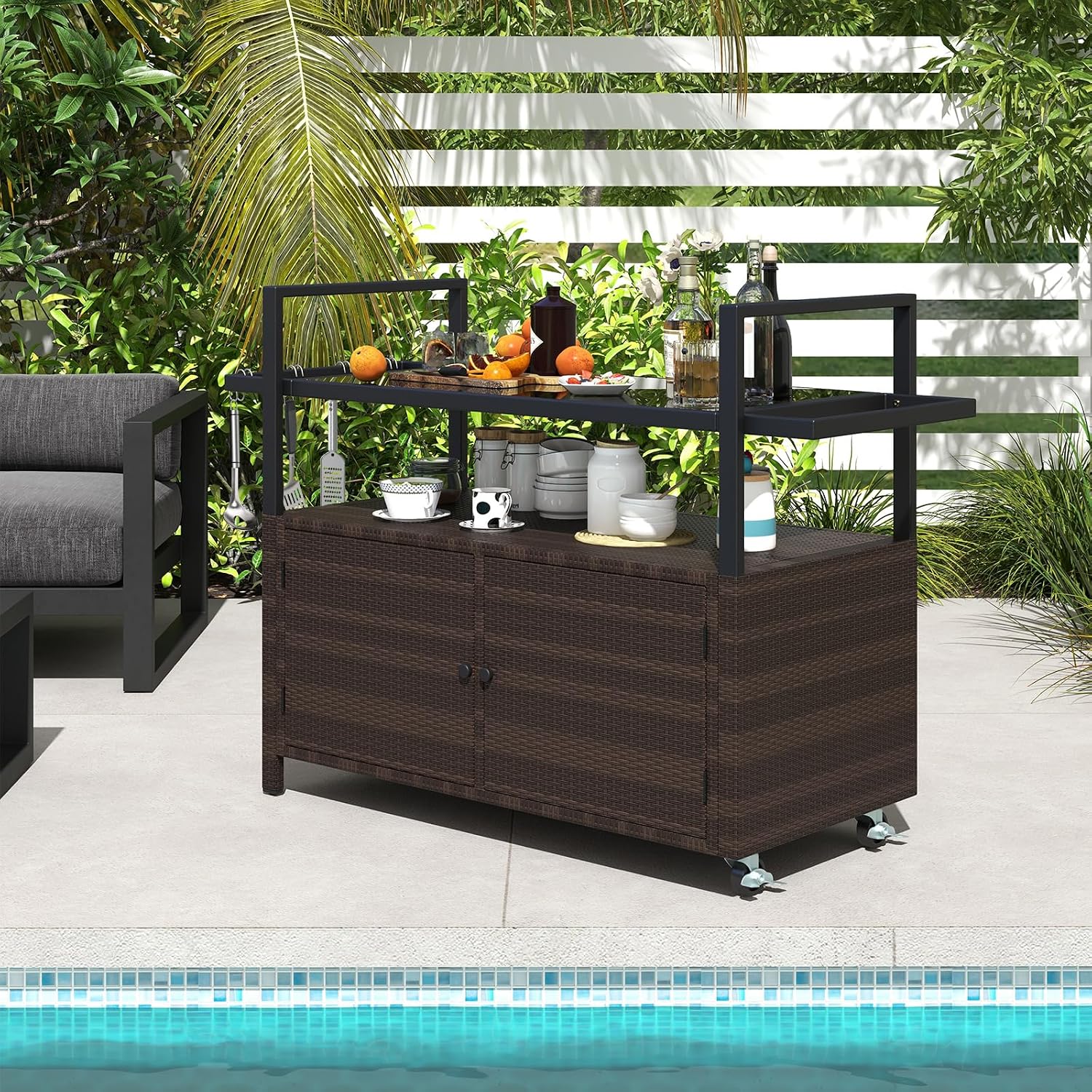 Tangkula Outdoor Bar Cart, Patiojoy Rolling Wicker Buffet Serving Cart with Tempered Glass Top, Storage Cabinet & 8 Hooks, Kitchen Island Cart on Wheels for Porch Backyard Garden Poolside (Mix Brown)