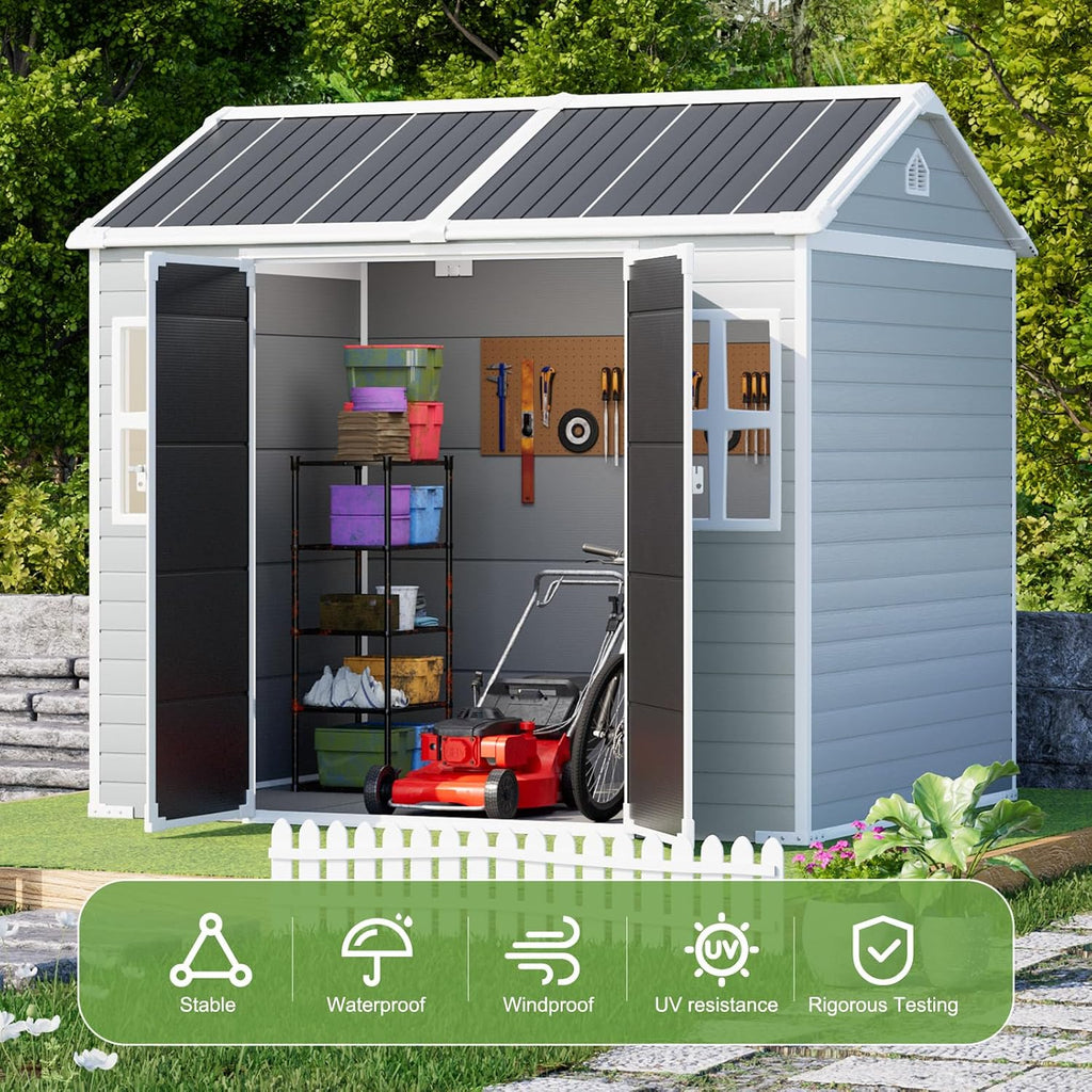 8x6 FT Resin Shed, Waterproof Outdoor Storage Shed w/Floor, 2 Windows, Double Doors & Vents, Tool Shed for Patio Garden, Lawn, Backyard, Grey
