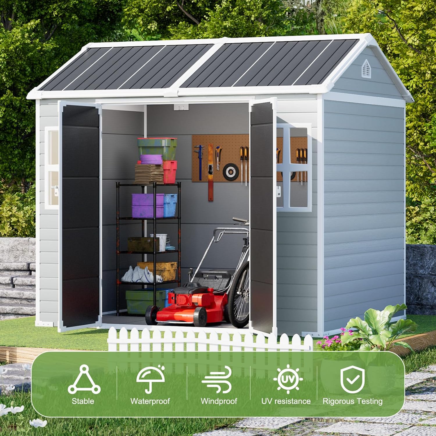8x6 FT Resin Shed, Waterproof Outdoor Storage Shed w/Floor, 2 Windows, Double Doors & Vents, Tool Shed for Patio Garden, Lawn, Backyard, Grey