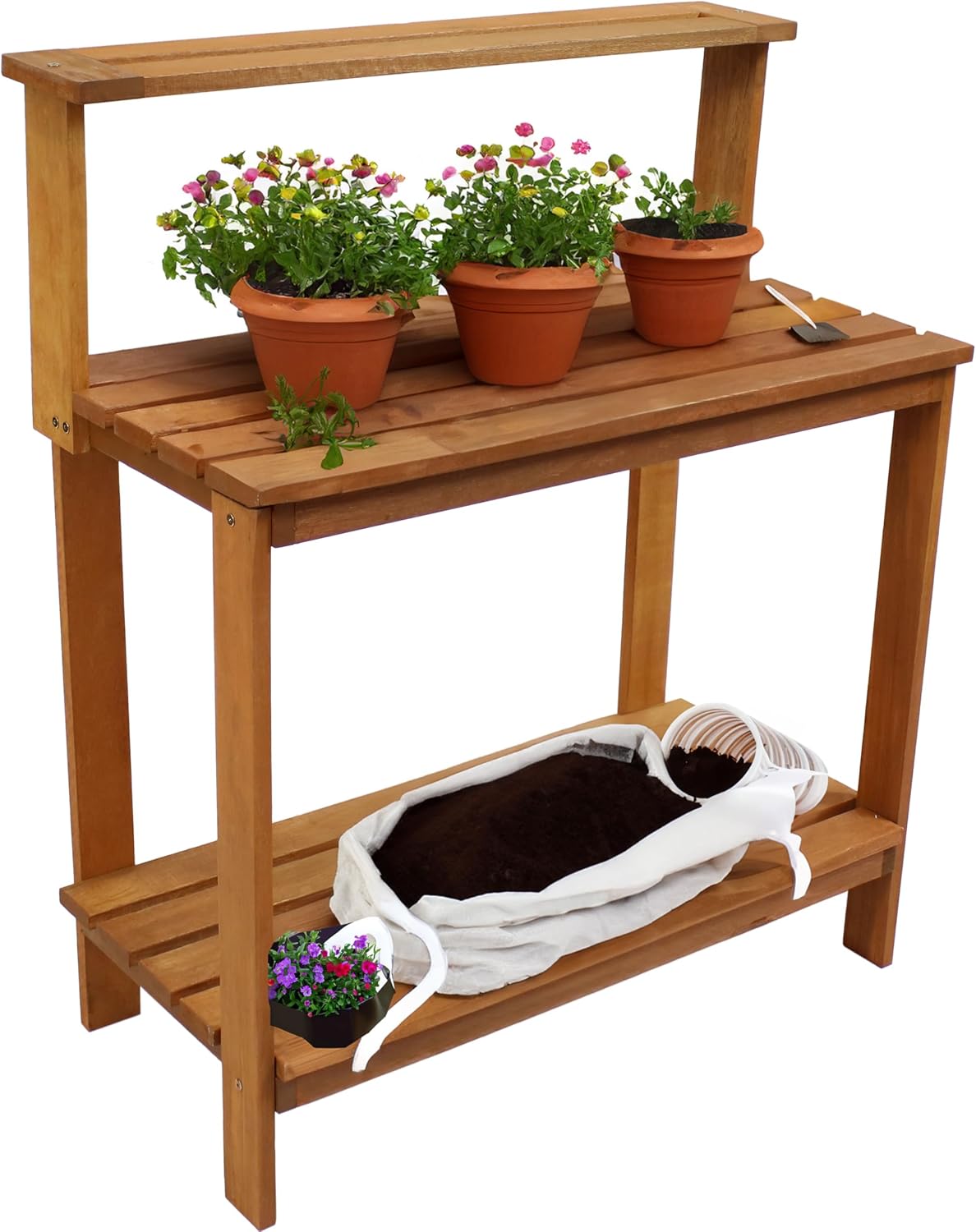 Sunnydaze 42-Inch Meranti Wood Outdoor Potting Bench with Storage Shelf - Teak Oil Finish