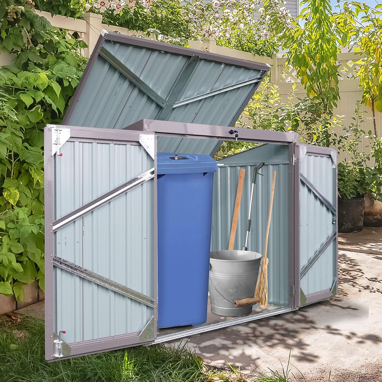 62' Grey Metal Outdoor Storage Shed with Sloped Roof, Lockable Tool Shed for Trash Cans, Garden Tools, Firewood, or Pet House, Waterproof, Galvanized Steel (Grey)
