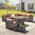 8 Pieces Outdoor Patio Furniture Sets w/55000 BTU Propane Fire Pit Table,Wicker Conversation Sofa,Includes 6 All-Weather High Back PE Rattan Seating Components w/Coffee Table&Gas Fire Pit,Sand