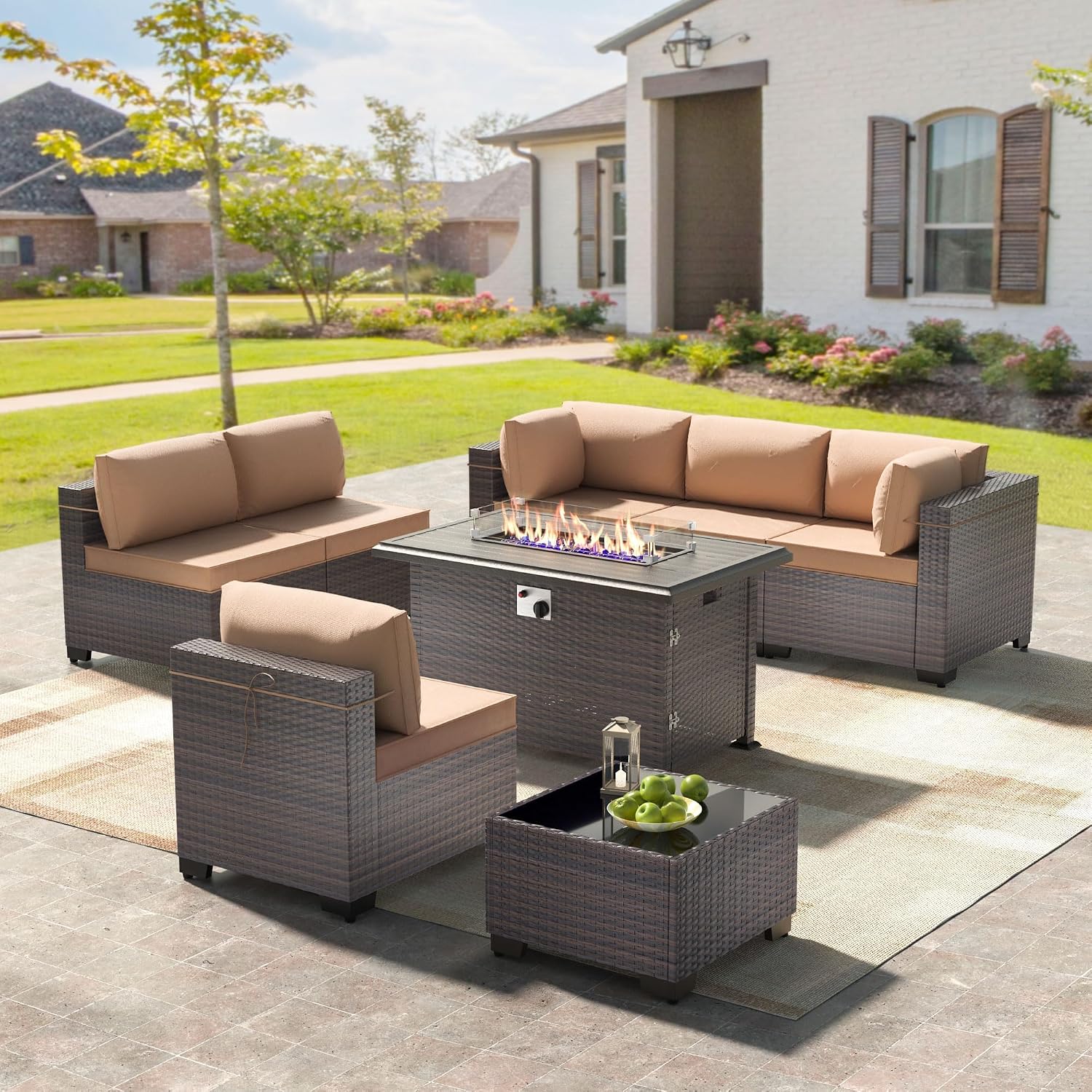 8 Pieces Outdoor Patio Furniture Sets w/55000 BTU Propane Fire Pit Table,Wicker Conversation Sofa,Includes 6 All-Weather High Back PE Rattan Seating Components w/Coffee Table&Gas Fire Pit,Sand