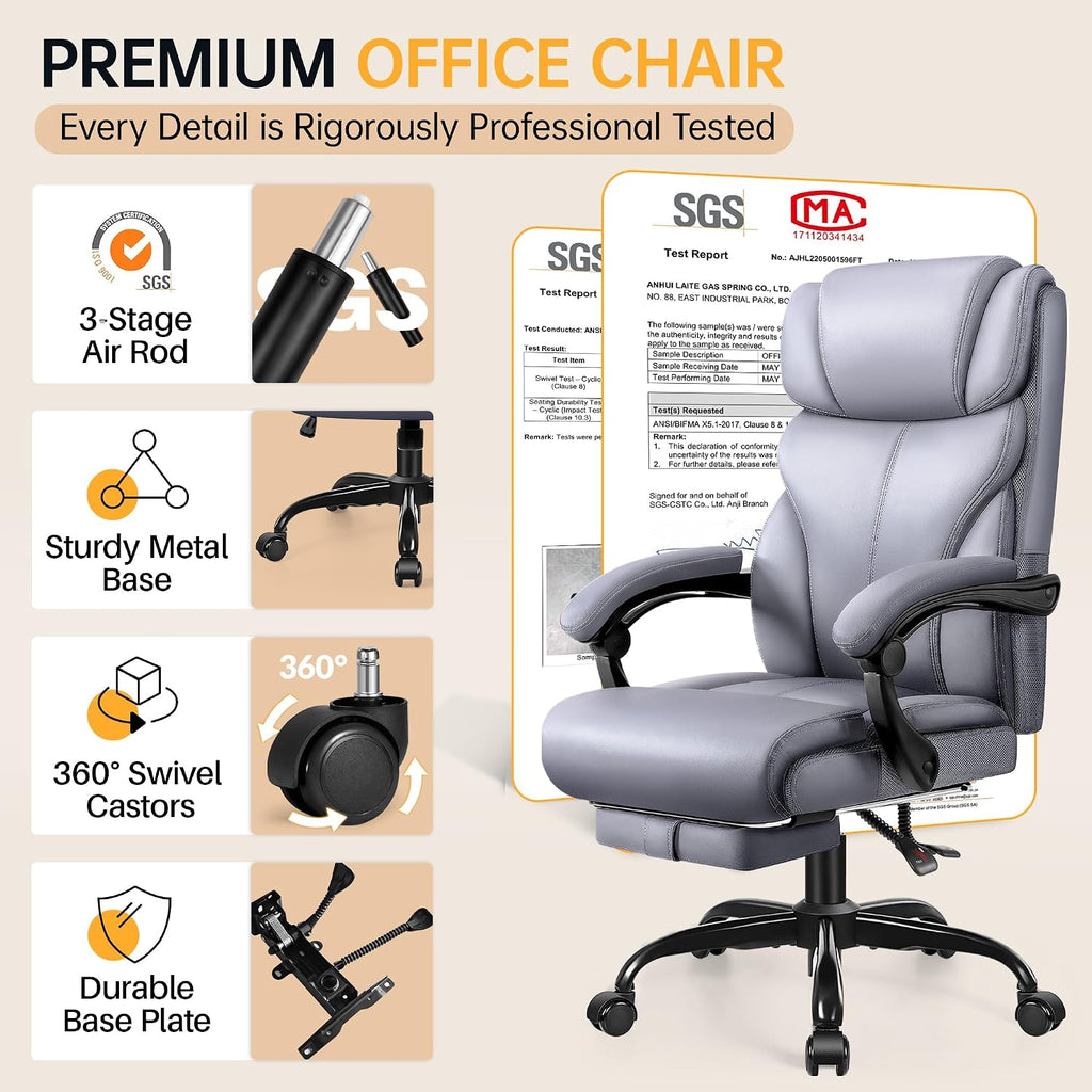 HeroSet Big and Tall Office Chair with Foot Rest, 400lbs Ergonomic Reclining High Back Executive Leather Chair, Lumbar Support Swivel Computer Desk Chairs for Heavy People Home Office Gaming(Gray)