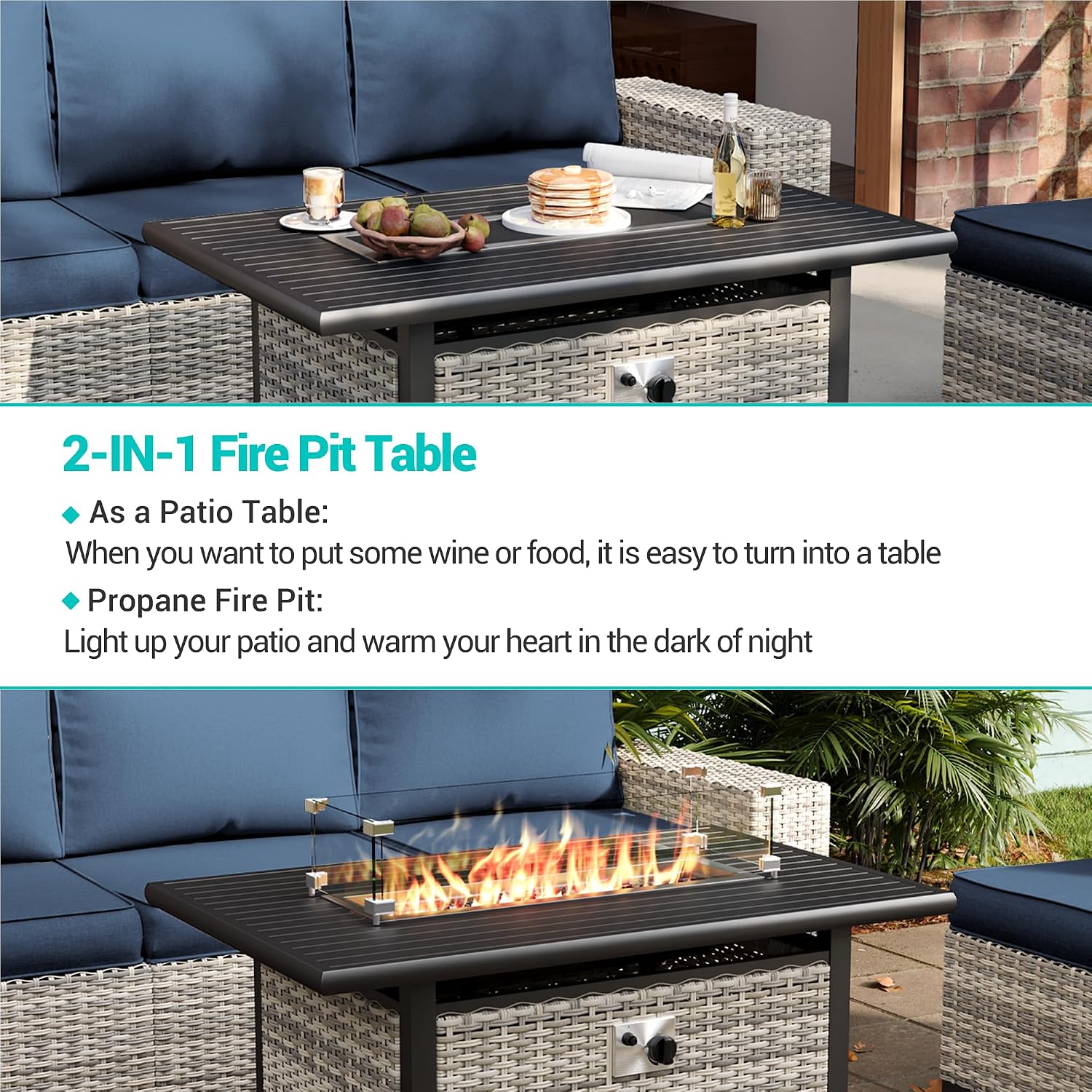 7PCS Outdoor Patio Furniture Set with 55,000 BTU Fire Pit Table, PE Wicker Rattan Sectional Sofa Patio Conversation Set with Thickened Cushions & Coffee Table for Garden, Navy Blue