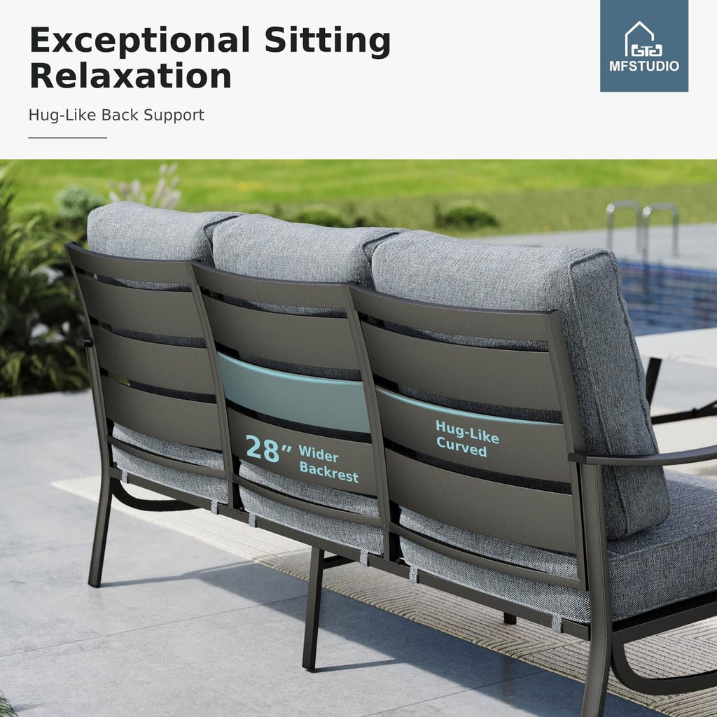 MFSTUDIO Patio Furniture Sets with 45' Gas Fire Pit Table, 8 Pieces Outdoor Metal Conversation Set with 1 x 3-Seat Sofa, 2 Single Chairs, 2 Swivel Chairs and 2 Ottomans, Grey Cushion
