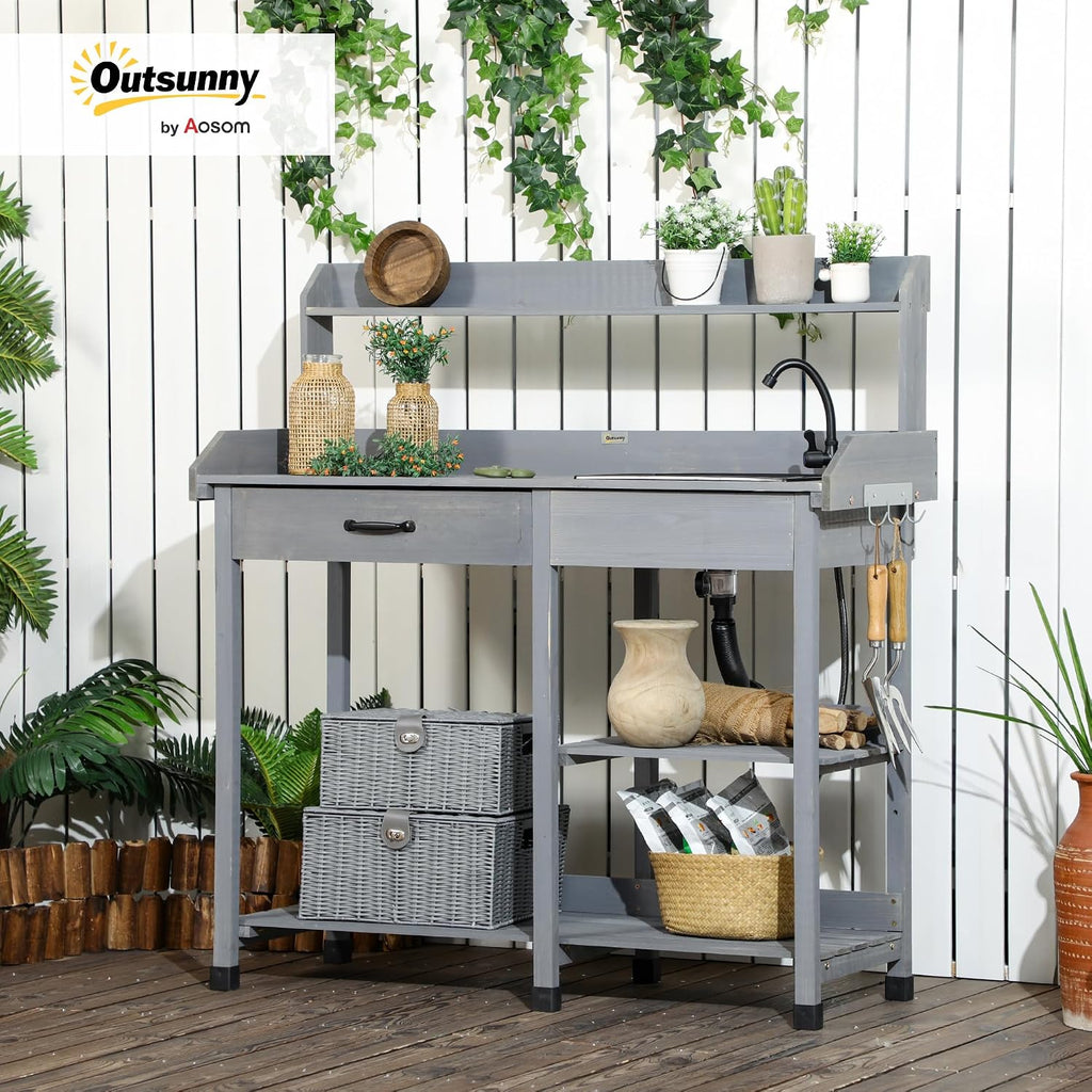 Outsunny Potting Bench Table, Outdoor Garden Table Wooden Work Station with Removable Sink, Faucet, Drawer, Shelves, Hooks, Gray