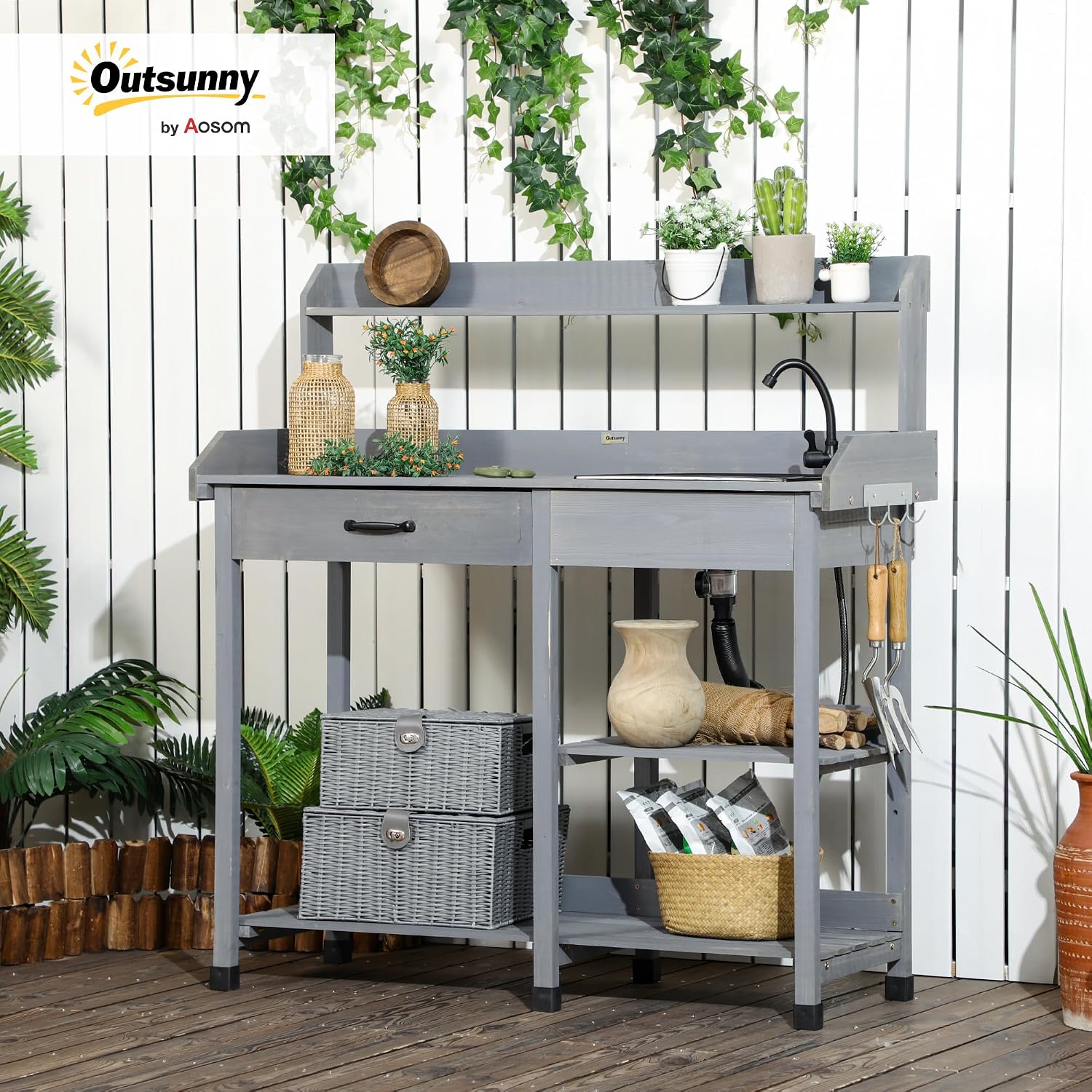 Outsunny Potting Bench Table, Outdoor Garden Table Wooden Work Station with Removable Sink, Faucet, Drawer, Shelves, Hooks, Gray