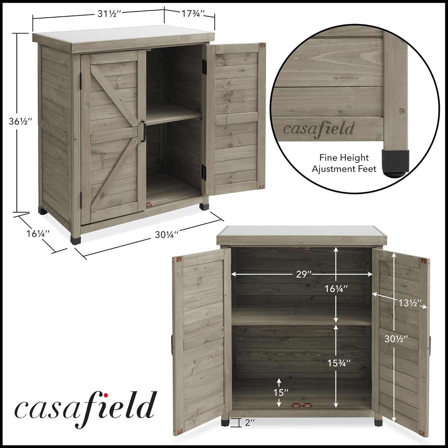 Casafield Outdoor Garden Potting Bench with Metal Tabletop and Storage Cabinet - Wooden Outdoor Garden Patio Workstation Table, Gray