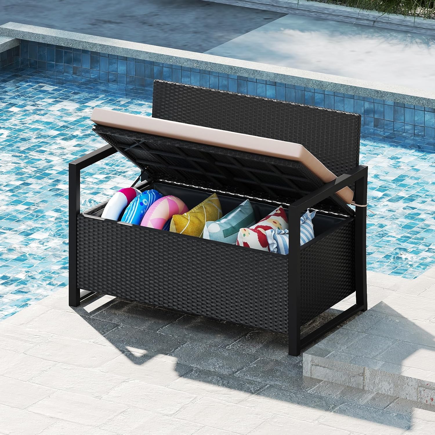 RELAX4LIFE Wicker Outdoor Bench with Storage - Rattan Deck Box w/Protective Liner for Pillows, Pool Supplies, Garden Tools, Patio Loveseat with Seat Cushion & Metal Armrests for Backyard Porch Balcony