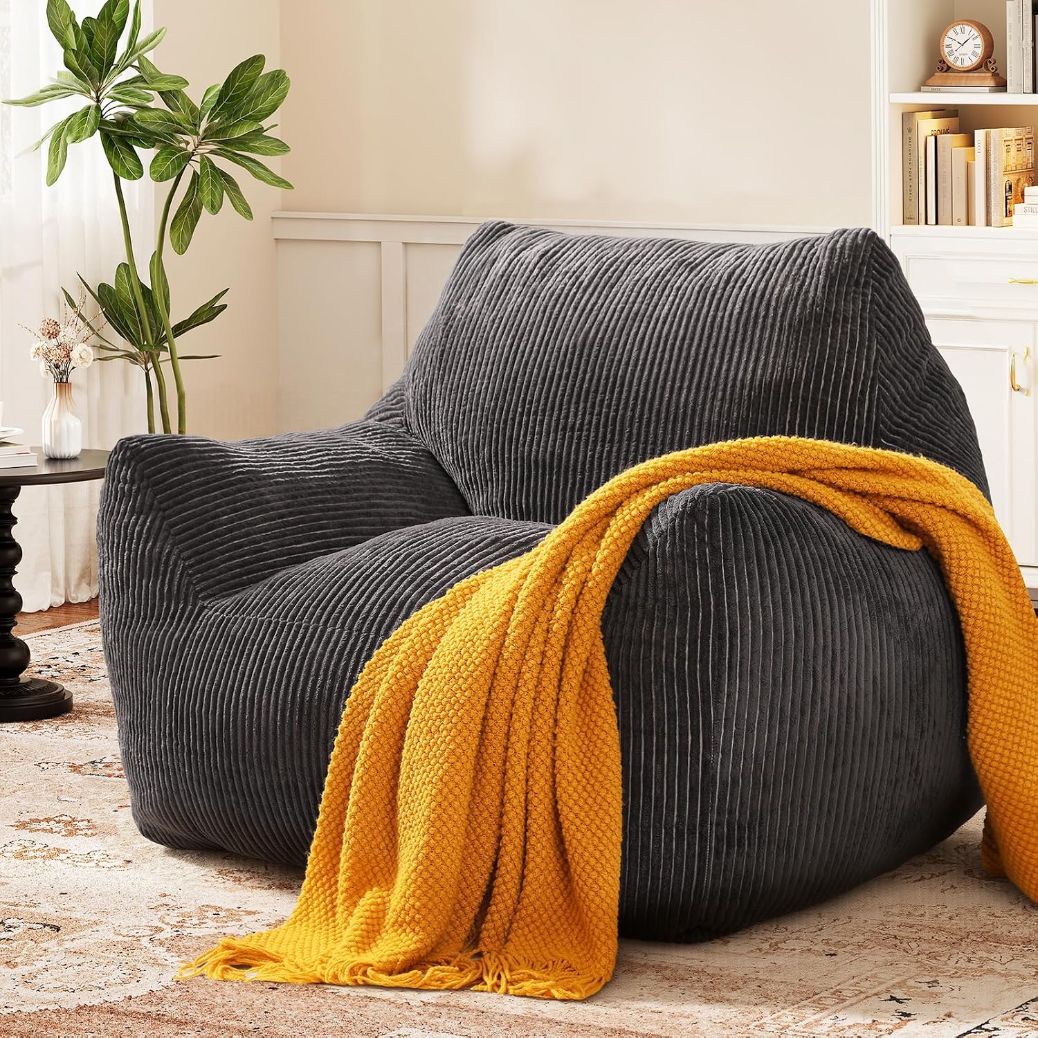 Big Bean Bag Chair for Adults, Ultra Soft Living Room Bean Bag with Armrests, Stuffed BeanBag Chair for Napping, Gaming, Vacuum-Compressed for Easy Gifting, 48 Hours to Fluffs Up, Dark Gray