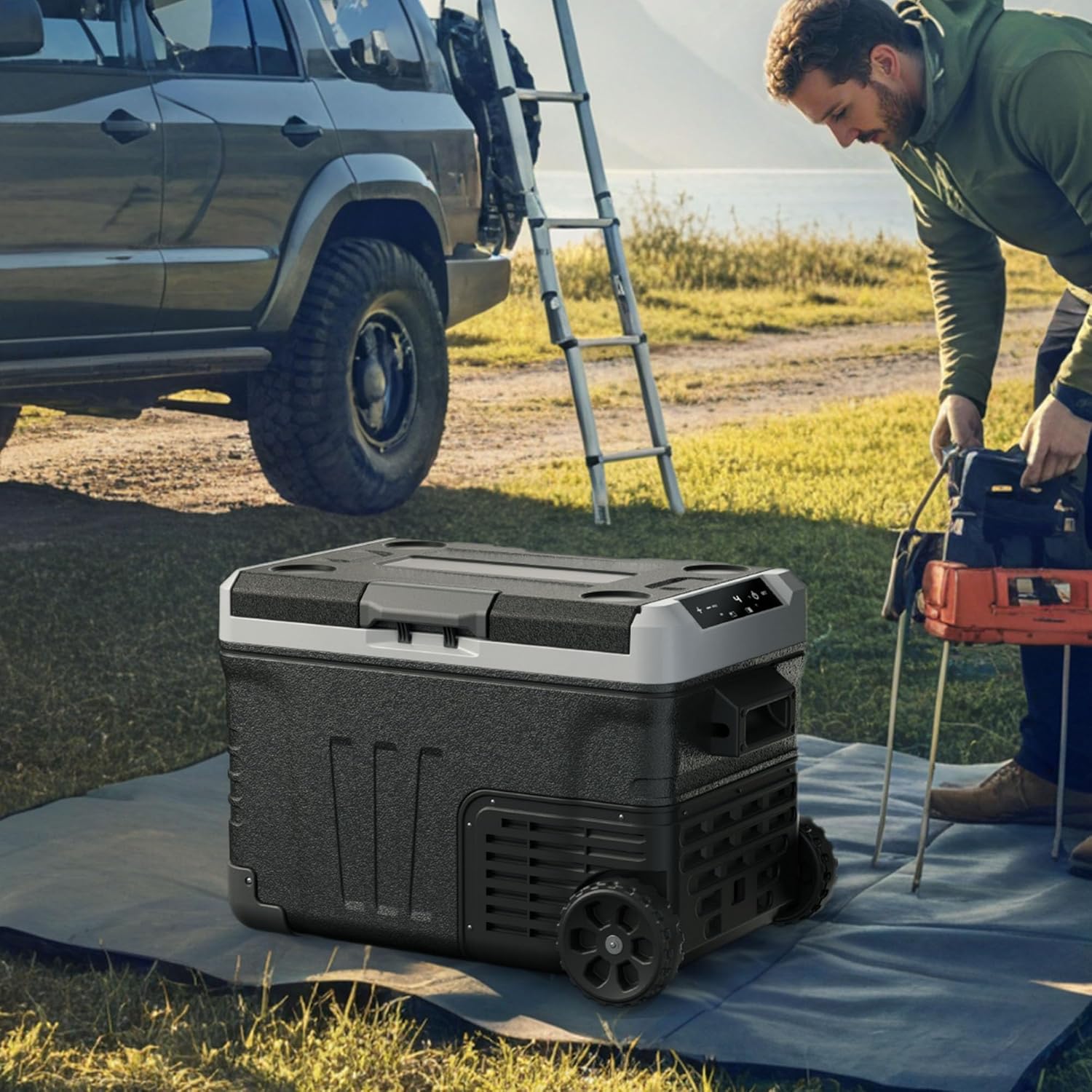 EUHOMY 12 Volt Refrigerator, 52QT(50L) Electric Cooler, Portable Freezer 12V/24V DC 100-240V AC, 12V Fridge -4℉~68℉, 12V Cooler with Wheels & 2 Baskets for Travel, Truck, Boat, Camping