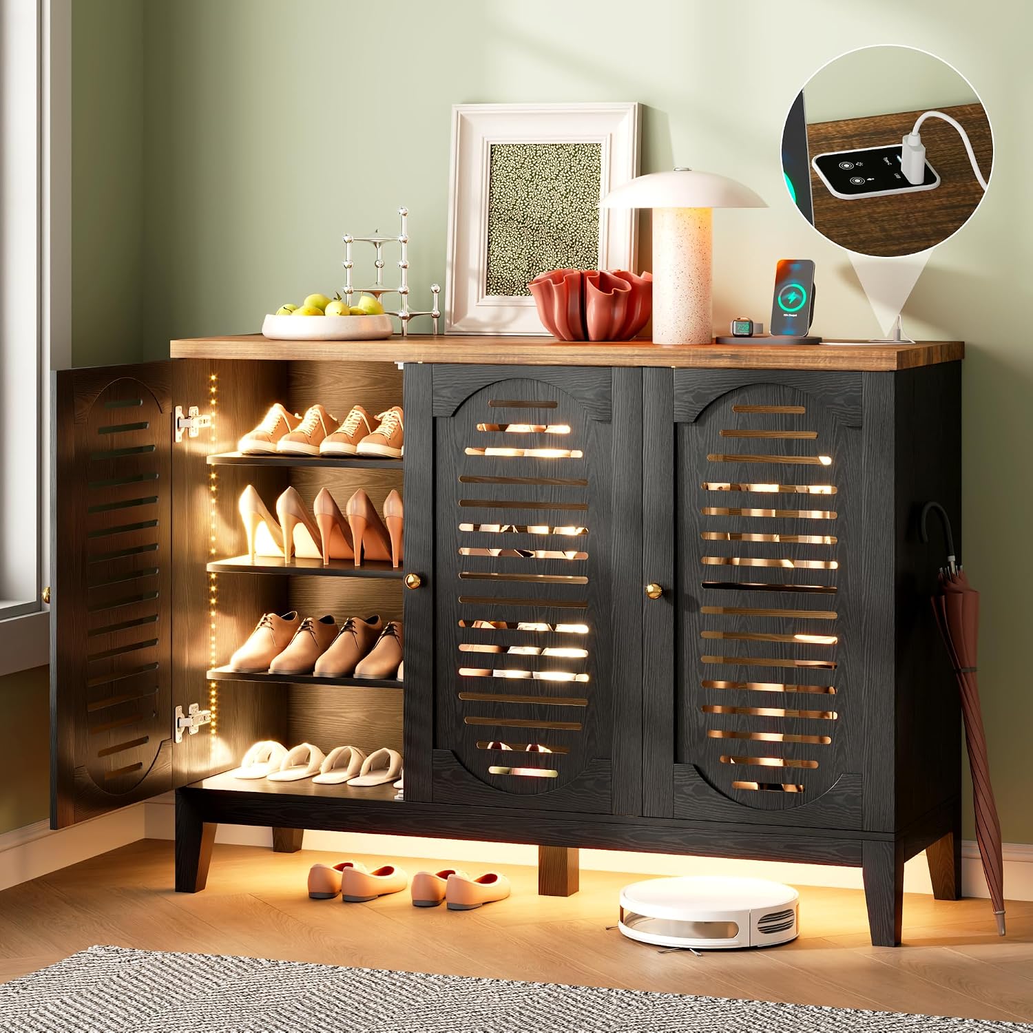 Vlsrka Shoe Cabinet with 3 Doors, Narrow Wooden Shoe Cabinet, Hidden Shoe Storage for Entryway, Foyer, Hallway (Black C)