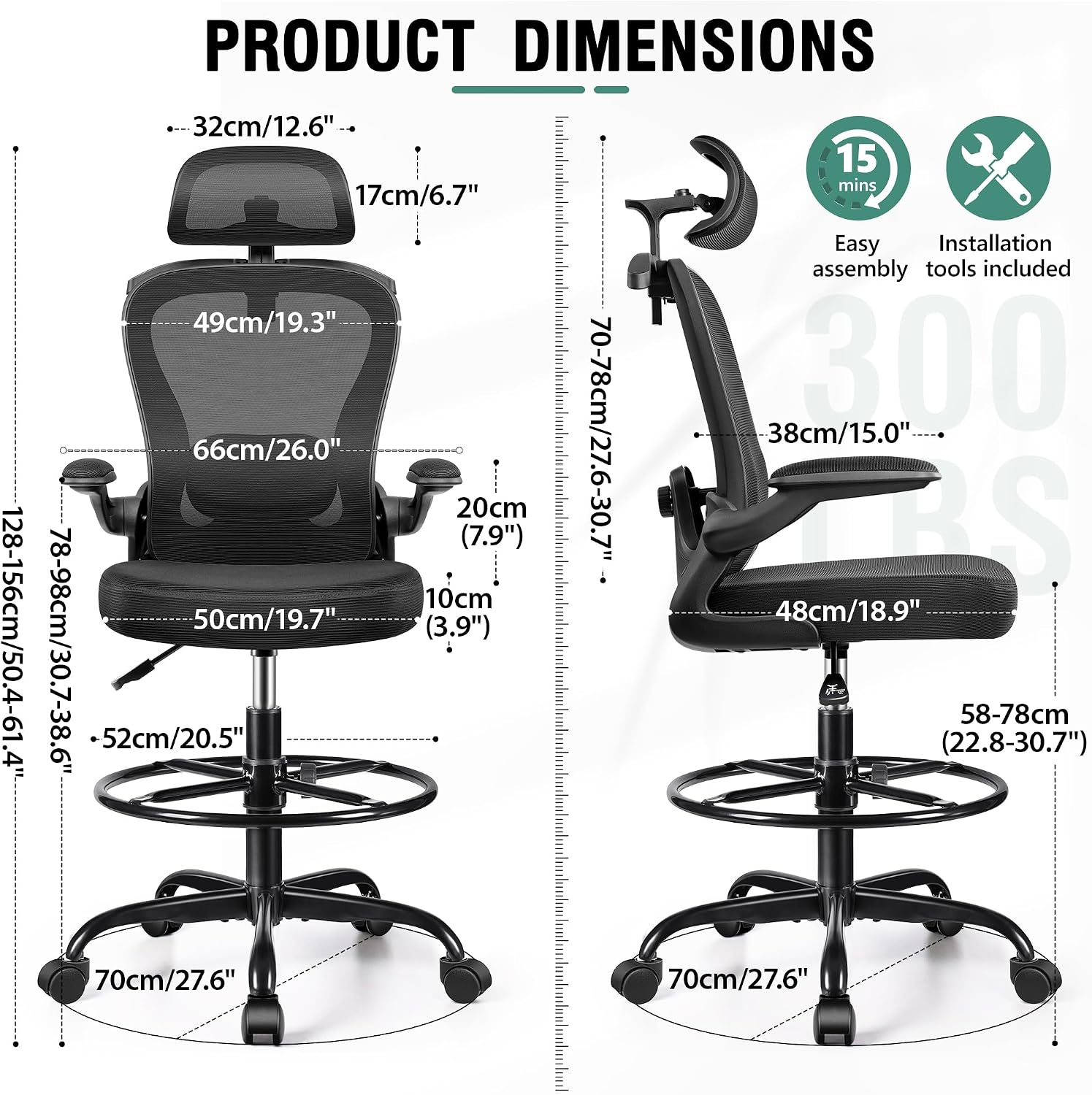 Drafting Chair, Tall Office Chair with 3D Lumbar & Head Support, Ergonomic Mesh Standing Desk Chair with Footring, Comfy Extended High Desk Chair with Flip-Up Arms & Hanger,Black