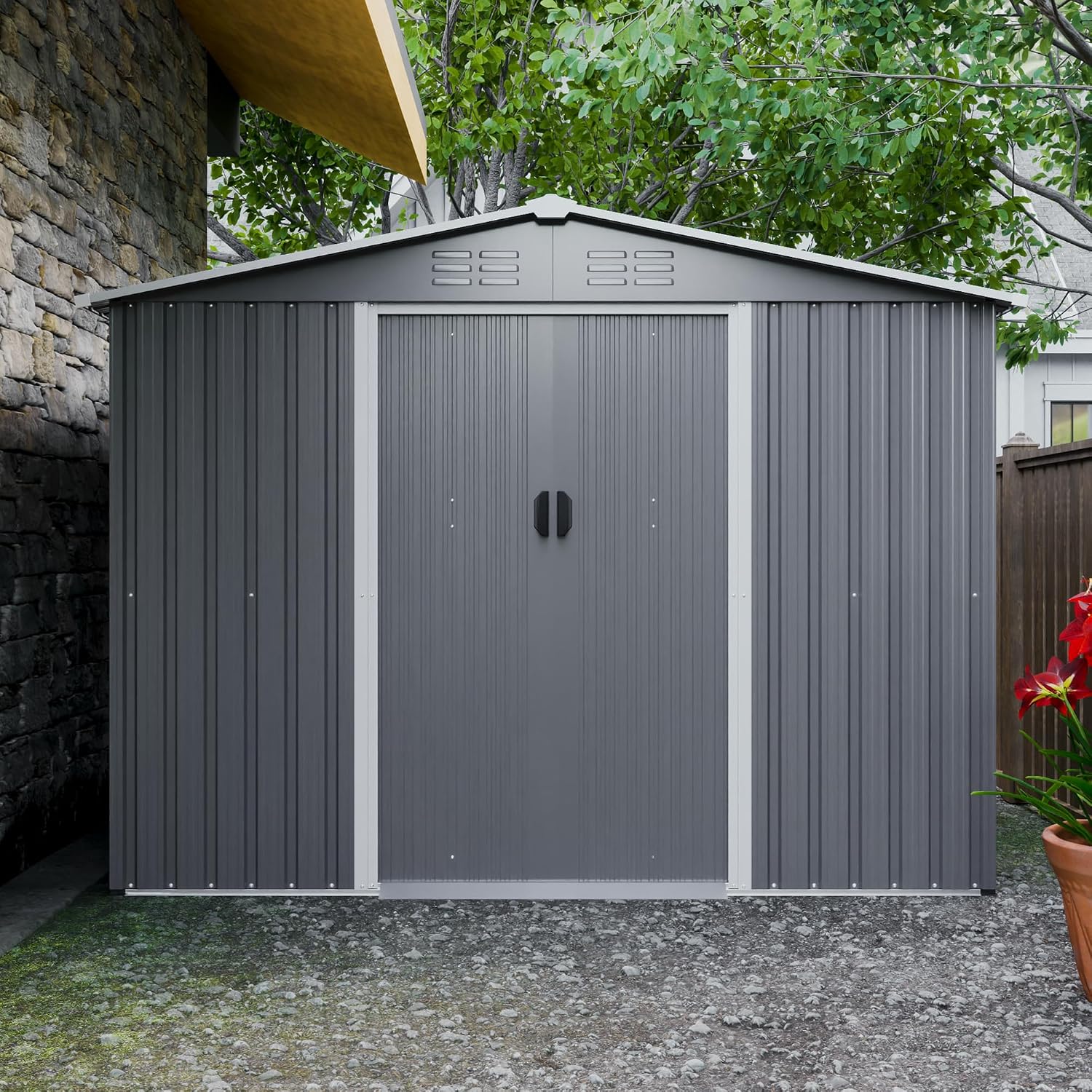 10x8 ft Outdoor Storage shed All Weather Metal Garden shed with Lockable Double Doors Tool Storage for Backyard Patio Lawn and Garden Organization Large Capacity (8x6 ft with Floor Frame)