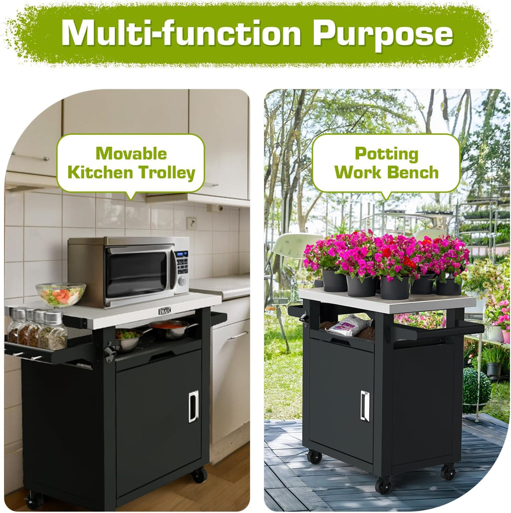NUUK Grill Table with Storage Cabinet, Outdoor Bar Cart Pizza Oven Table with Wheels, Stainless Steel Top Kitchen Island 20' x 30' Rolling Prep Station for Indoor, BBQ, Deck, Backyard