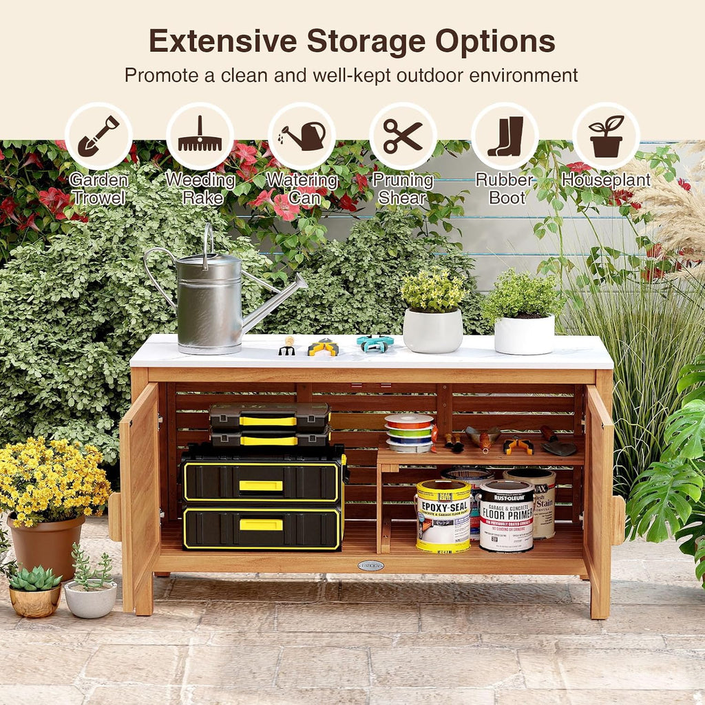 Goplus Outdoor Console Table, Acacia Wood Patio Storage Cabinet with Fax Marble Top, Rattan Doors, Inner Shelves & Hidden Compartment, Outdoor Sideboard for Patio (Rattan Door)