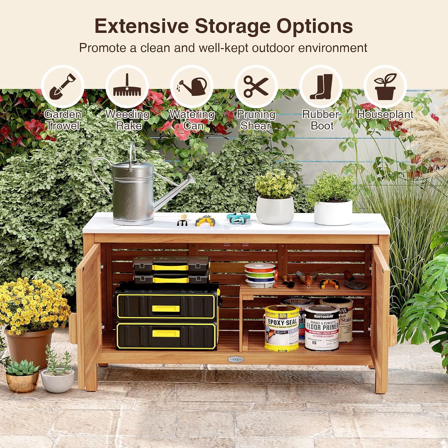 Goplus Outdoor Console Table, Acacia Wood Patio Storage Cabinet with Fax Marble Top, Rattan Doors, Inner Shelves & Hidden Compartment, Outdoor Sideboard for Patio (Rattan Door)
