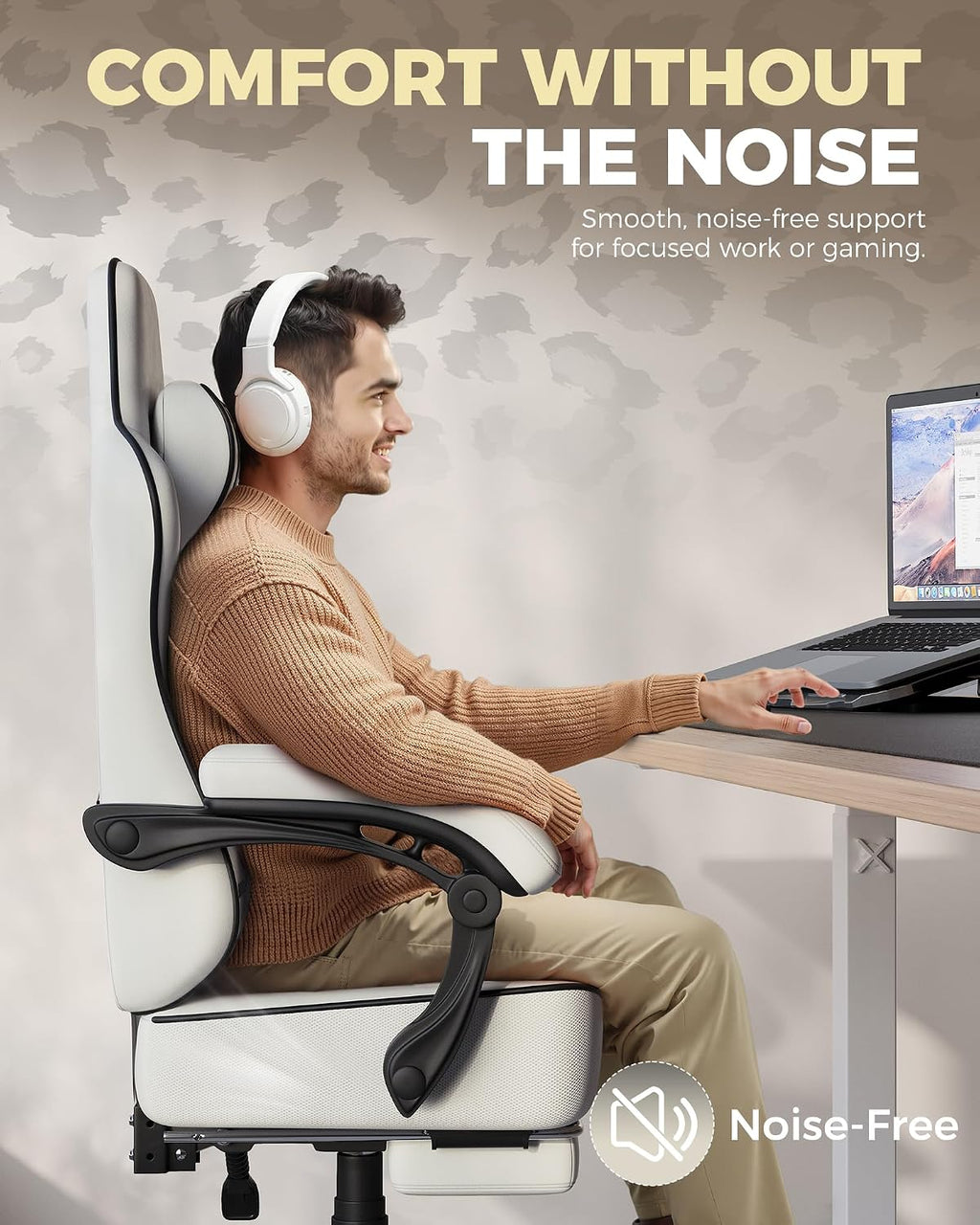 GTPLAYER Big and Tall Gaming Chair with Footrest, Ergonomic Office Desk Chair with 4.4in Thick Cushion and Wide Wingless Seat, Comfortable Leather Computer Chair, Predator Series, White