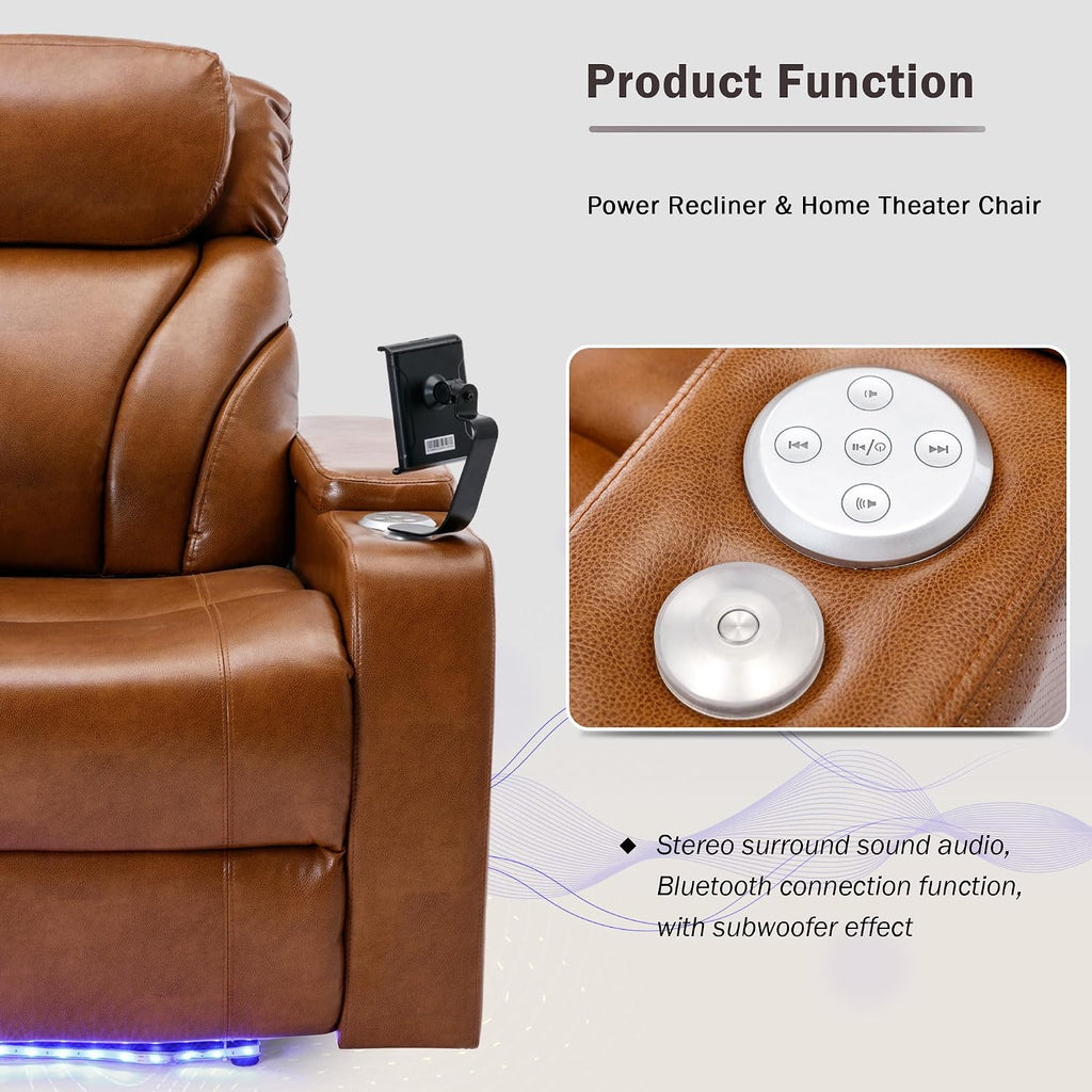 P PURLOVE Power Motion Recliner Chair for Home, PU Electric Recliner with Swivel Tray Table USB Charging Port and Hidden Arm Storage, Home Theater Seating with Cup Holder Design, Light Brown