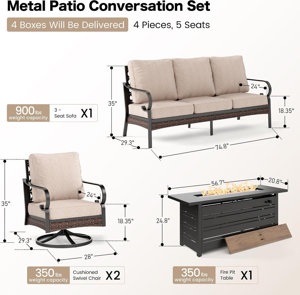 SUNSHINE VALLEY 4 Piece Black Metal Outdoor Patio Furniture Sets with Firepit Table, Patio Conversation Sets 1 3-Seater Sofa, 2 Swivel Sofa with 5.75' Thick Cushion Backyard Furniture for Deck, Beige