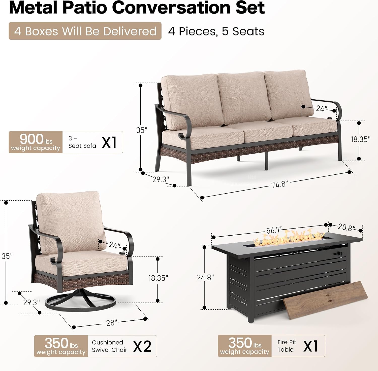 SUNSHINE VALLEY 4 Piece Black Metal Outdoor Patio Furniture Sets with Firepit Table, Patio Conversation Sets 1 3-Seater Sofa, 2 Swivel Sofa with 5.75' Thick Cushion Backyard Furniture for Deck, Beige