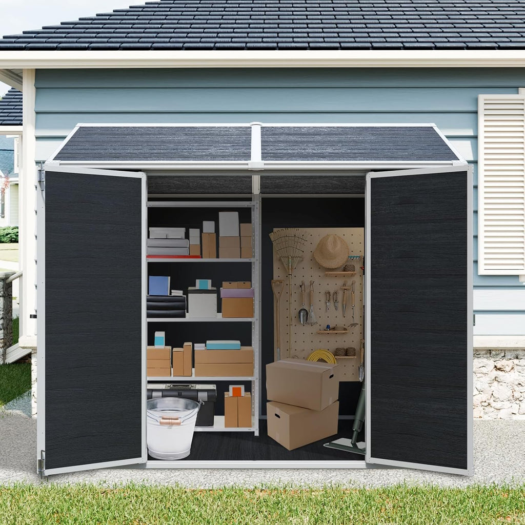 8x6 FT Resin Storage Sheds Outdoor with Floor, 2 Windows & Lockable Door Storage Shed - Waterproof Garden Tool Shed, Patio & Backyard Tool Storage Cabinet Use - Black
