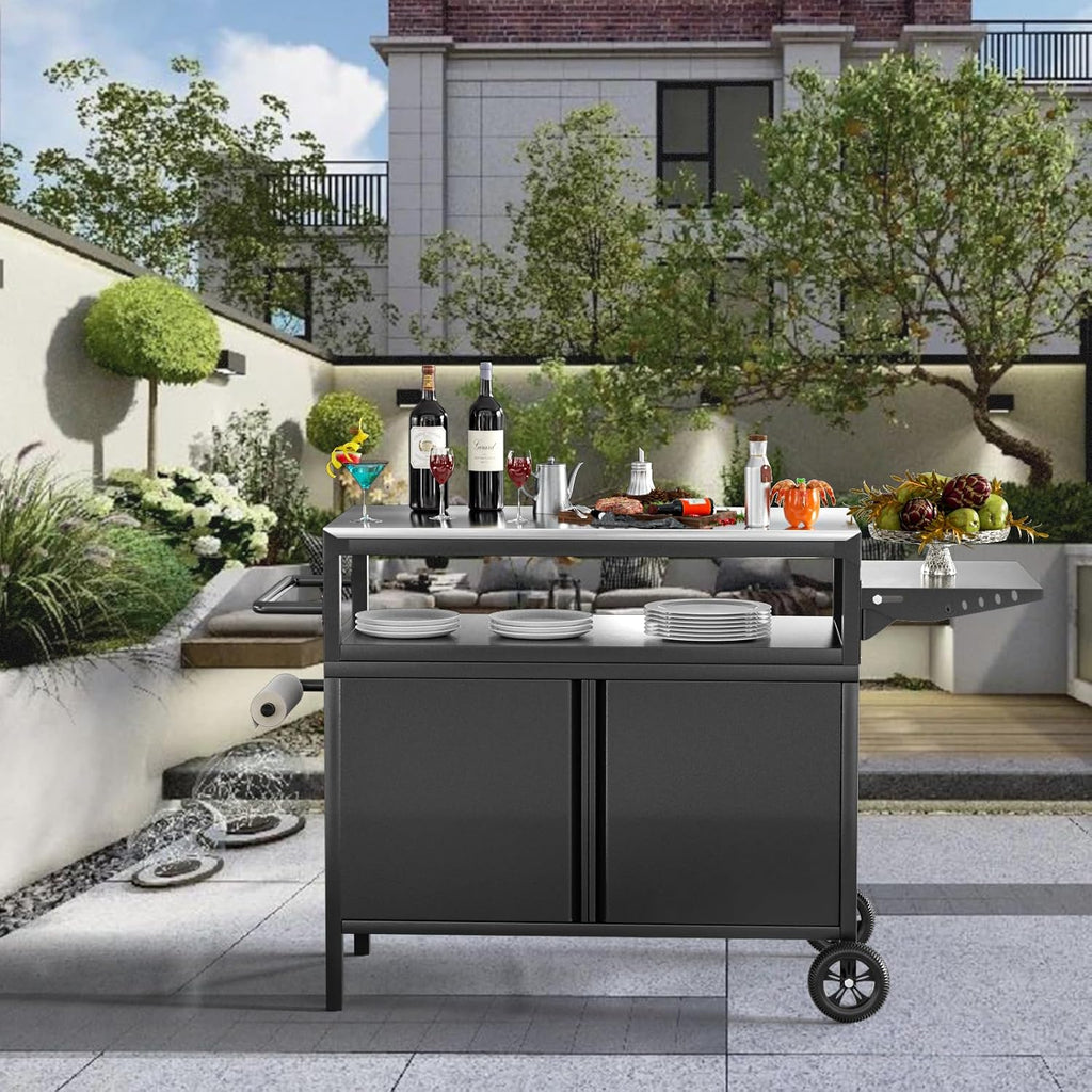 Outdoor Grill Table with Storage, Movable Outdoor Grill Cart, Stainless-Steel Tabletop Outdoor Kitchen Island, Patio Kitchen Island BBQ Cart with Wheels for Home BBQ Backyard Party