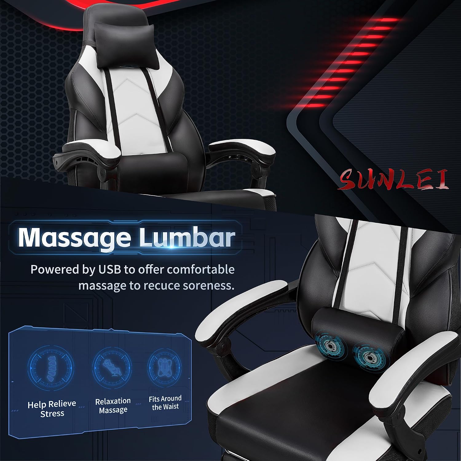 SUNLEI Gaming Chair for Adults, Ergonomic PU Leather Office Chair with Headrest & Footrest, Video Game Chairs with Massage Lumbar Support, Height Adjustable Computer Chair with 360° Swivel, White