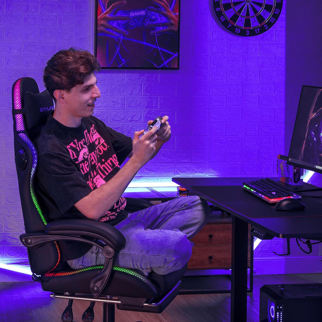 GTPLAYER RGB Gaming Chair with Speakers - LED Computer Game Chair for Adults, PC Home Office Chairs with Footrest & Lights, Reclining Desk Chairs, Black