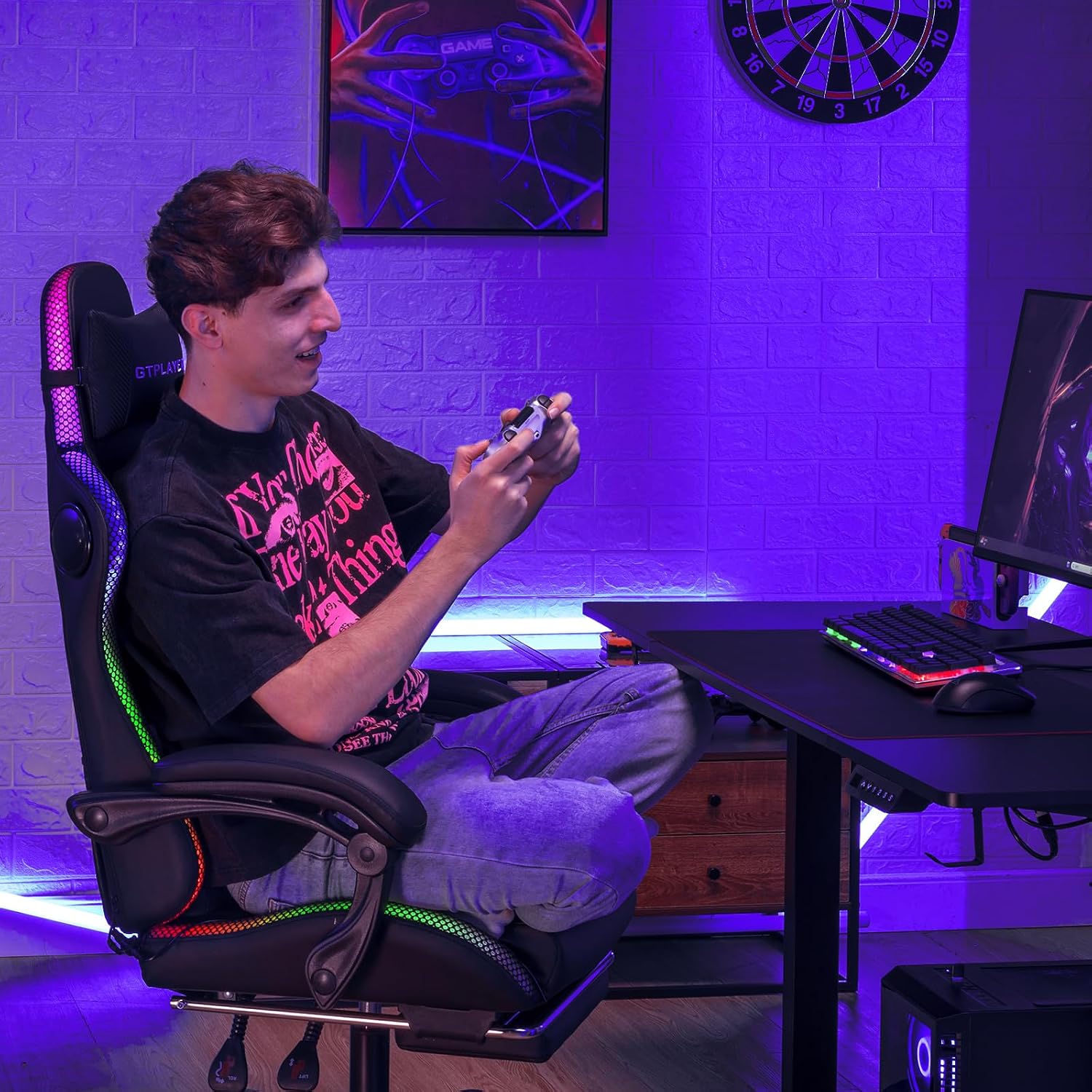 GTPLAYER RGB Gaming Chair with Speakers - LED Computer Game Chair for Adults, PC Home Office Chairs with Footrest & Lights, Reclining Desk Chairs, Black
