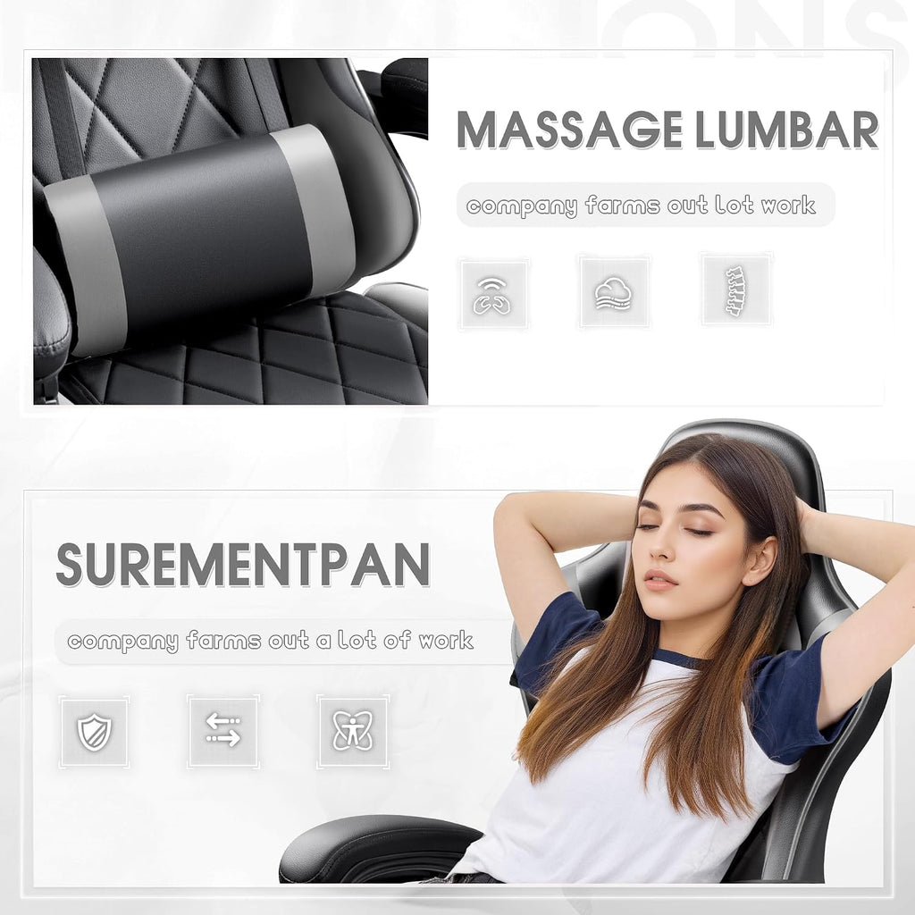 Shahoo Gaming Chair with Footrest and Massage Lumbar Support, Ergonomic Computer Seat Height Adjustable with 360°Swivel and Headrest, Grey1