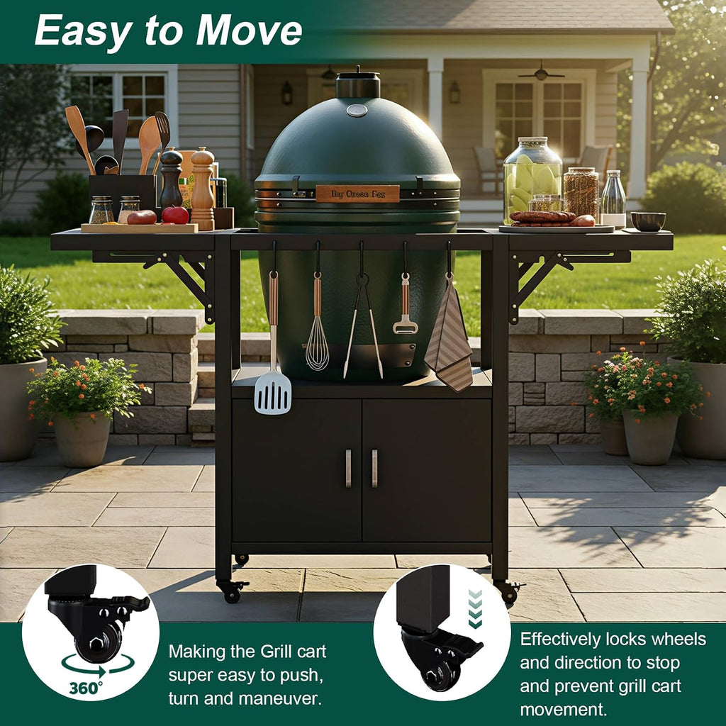 59' L Outdoor Grill Table for Big Green Egg Accessories, Heavy Duty Metal Cart Prep Table with Detachable Desktable, Hooks, Removable Central Cover, Compatible with Egg Grill and Tabletop Griddle