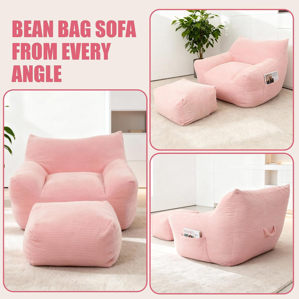 Giant Bean Bag Chair with Ottoman, Comfy Bean Bag Couch with 2 Side Pocket, Corduroy Boneless Couch Chair in a Box, Stuffed Lounge Floor Sofa for Dorm, Bedroom, Living Room, Pink