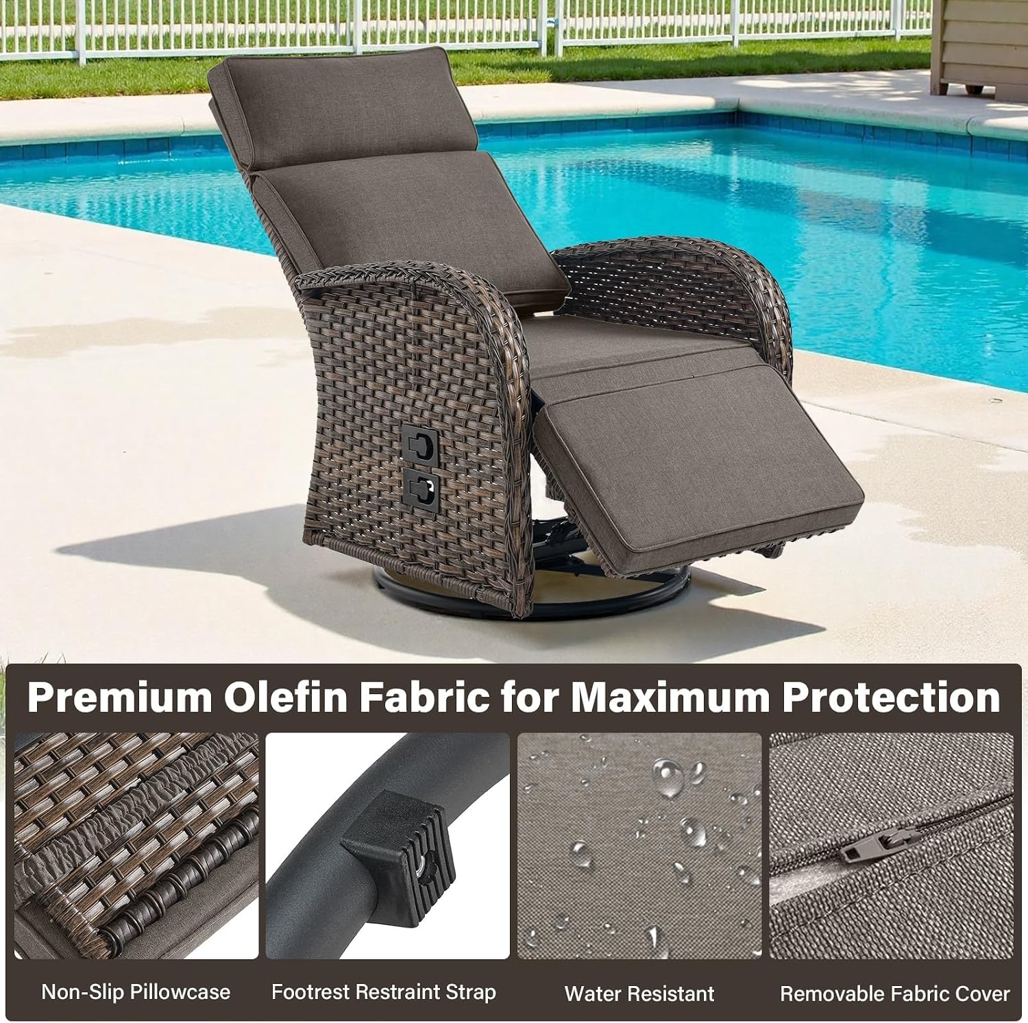 Dual-Adjust Swivel Outdoor Recliner Chair Set of 3 - Reclining Patio Chair with Adjustable Backrest and Footrest, All-Weather Wicker Chaise Lounge Outdoor with Side Table for Pool Deck Brown Grey