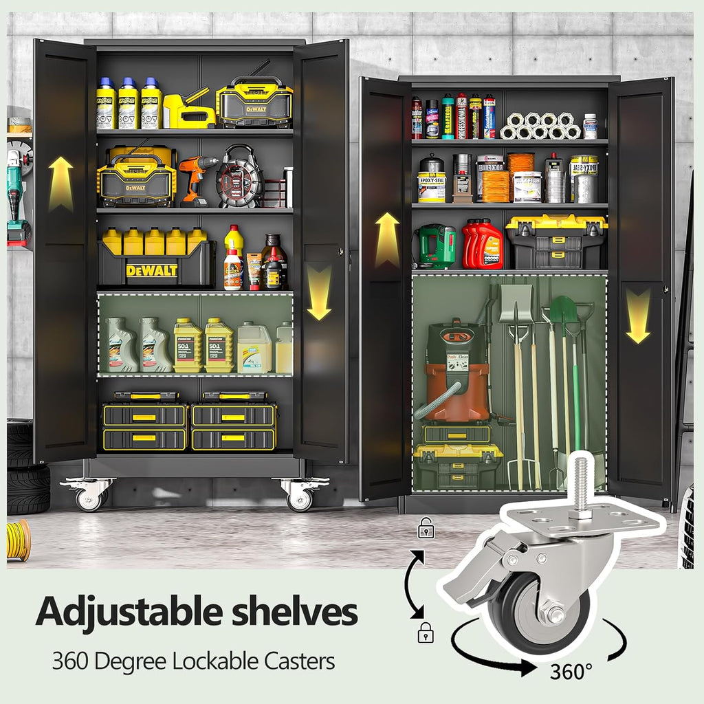 Metal Garage Storage Cabinets and storage system, 71'Tall Rolling utility cabinet with Wheels, Lock, 4 Adjustable Shelves, Heavy Duty Steel Tool Locker for Home Office, Utility Room, Gym,Black