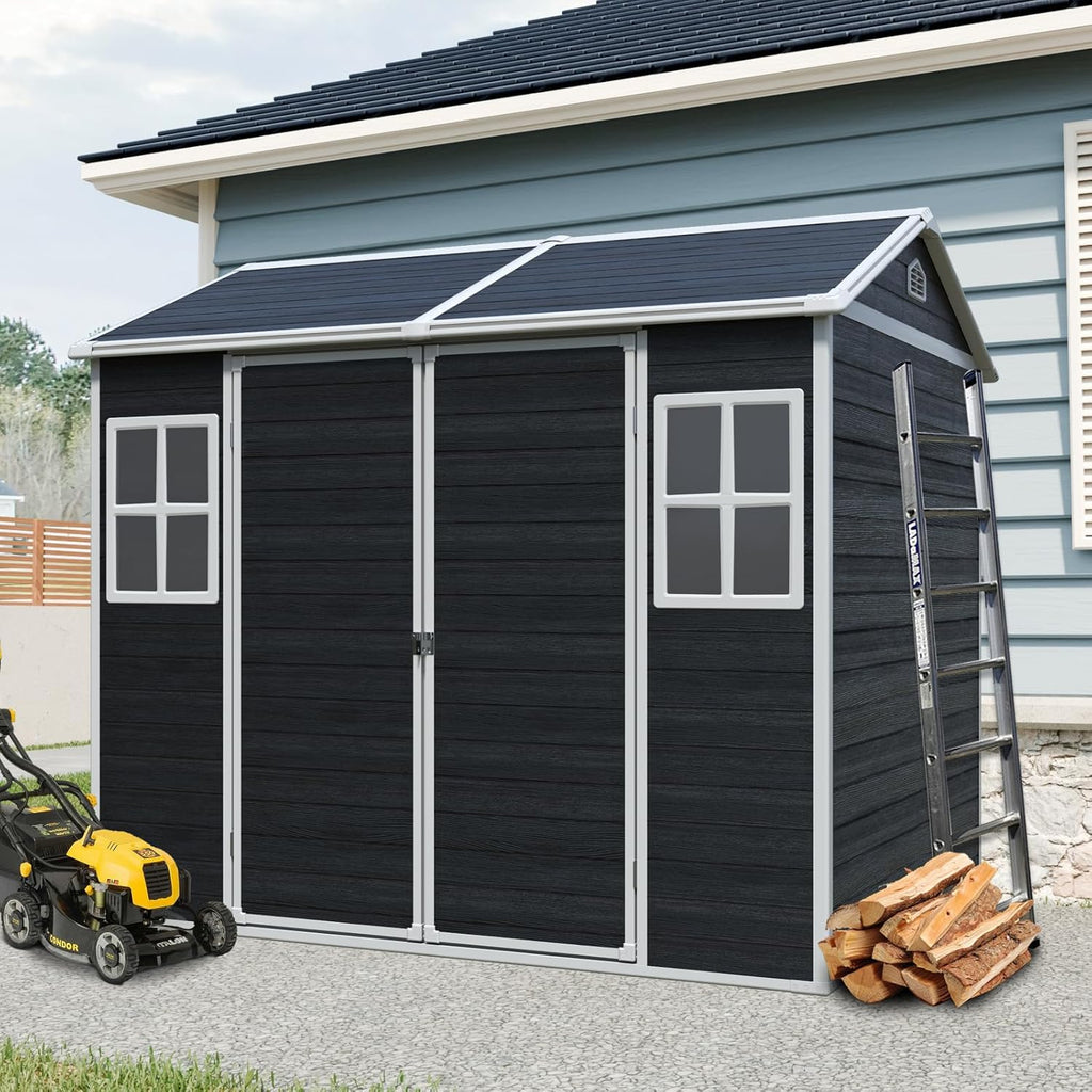 8x6 FT Resin Storage Sheds Outdoor with Floor, 2 Windows & Lockable Door Storage Shed - Waterproof Garden Tool Shed, Patio & Backyard Tool Storage Cabinet Use - Black