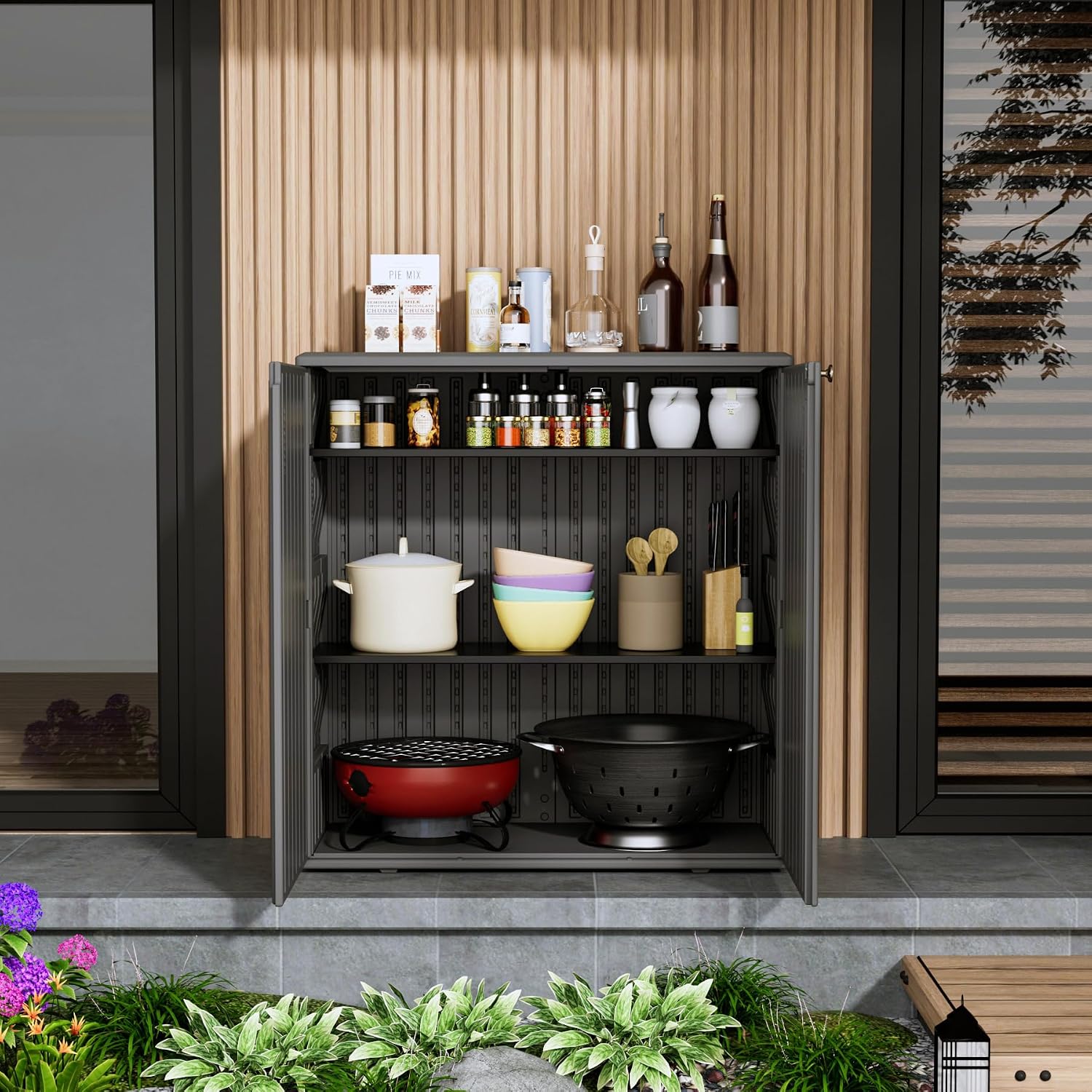 Mrosaa Storage Box Outdoor Caninet,Resin Indoor Storage Box Waterproof Outdoor Storage Cabinets for Patio/Garden/Backyard, Size 34.3''L*15''W*36.2''H(Grey)