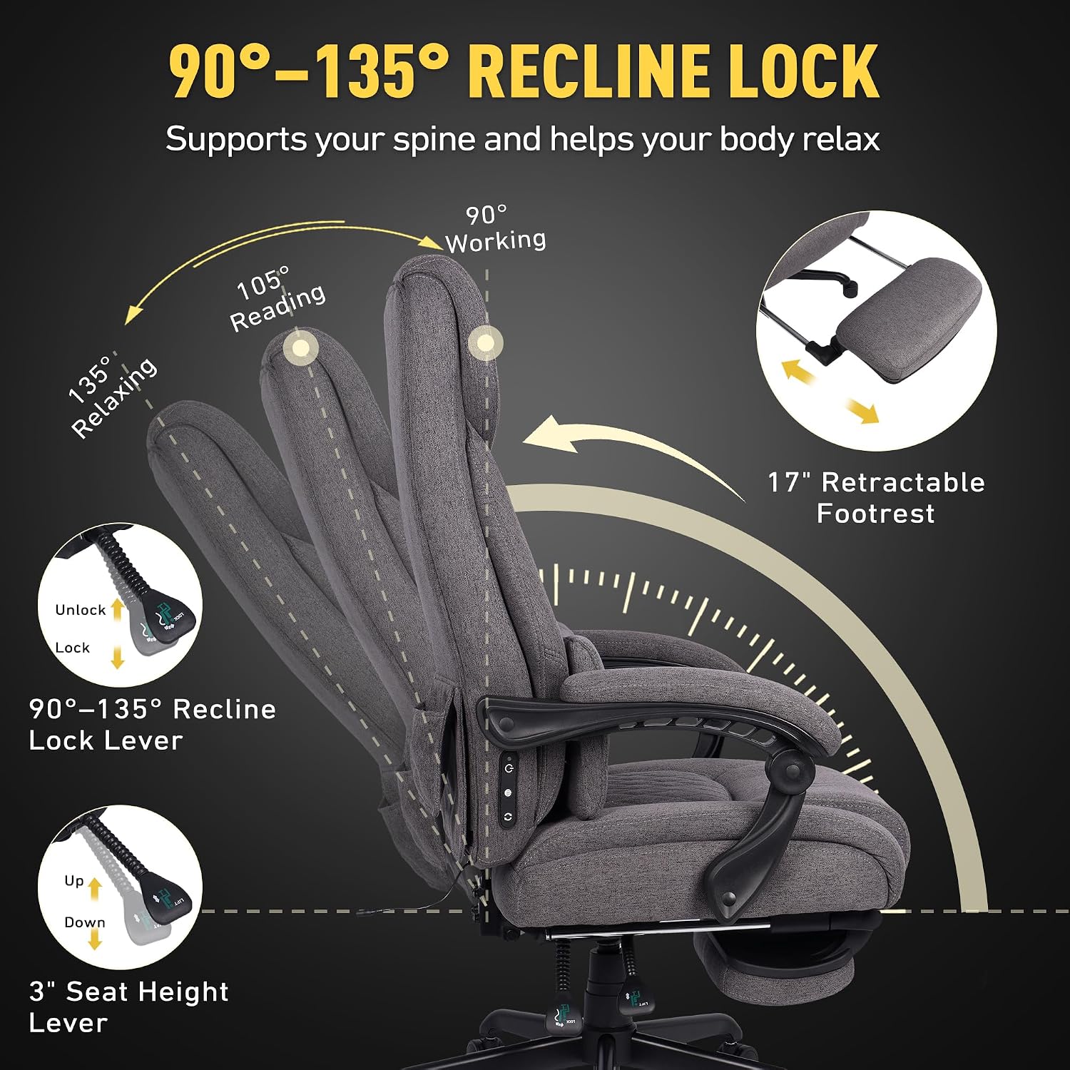 3D Kneading Massage Office Chair with Heat, 500 lbs Big and Tall Executive Computer Desk Recliner, Electric Heated Gaming Chairs with Massage & Footrest, Grey,