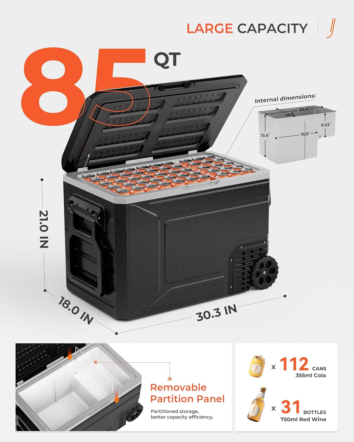 EKOJUCE 12V Refrigerator, 85 Quart Electric Cooler, 12V/24V DC 100~240V AC, 12v cooler -4℉~68℉, Portable Freezer with Wheels for Truck, RV, Camping,Travel