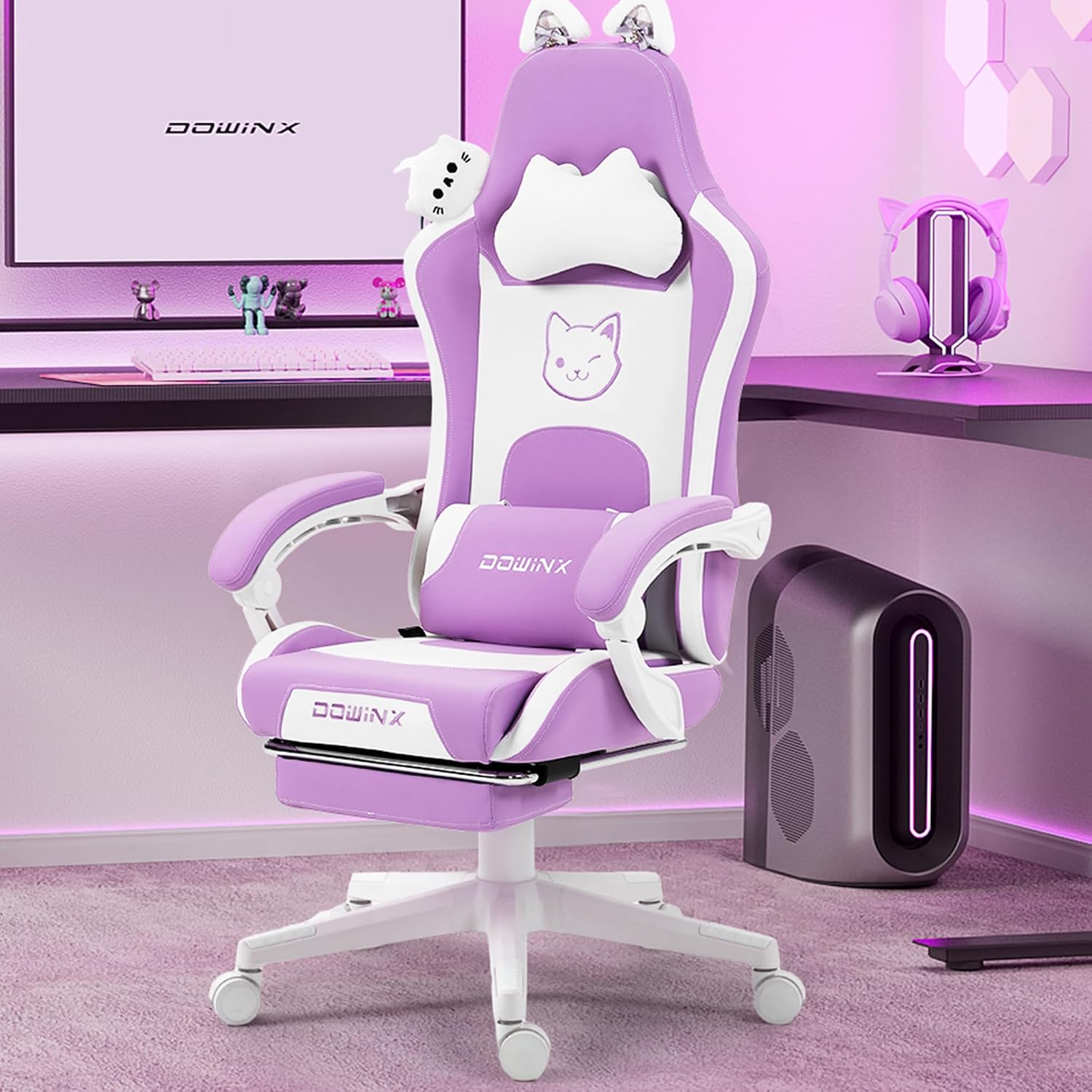 Dowinx Gaming Chair Cute with Cat Ears and Massage Lumbar Support, Ergonomic Computer Chair for Girl with Footrest and Headrest, Comfortable Reclining Game Chair 290lbs for Adult, Teen, Purple
