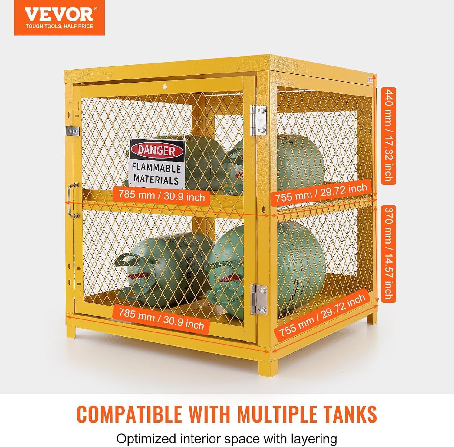 VEVOR Horizontal Cylinder Storage Cabinet, 4 x 33 lbs Cylinder Capacity, 31.02x30.04x35 inch Propane Storage Cage, Gas Cylinder Cabinet, Yellow Powder Coat Finish, for Freon, Gases, Oxygen, Nitrogen