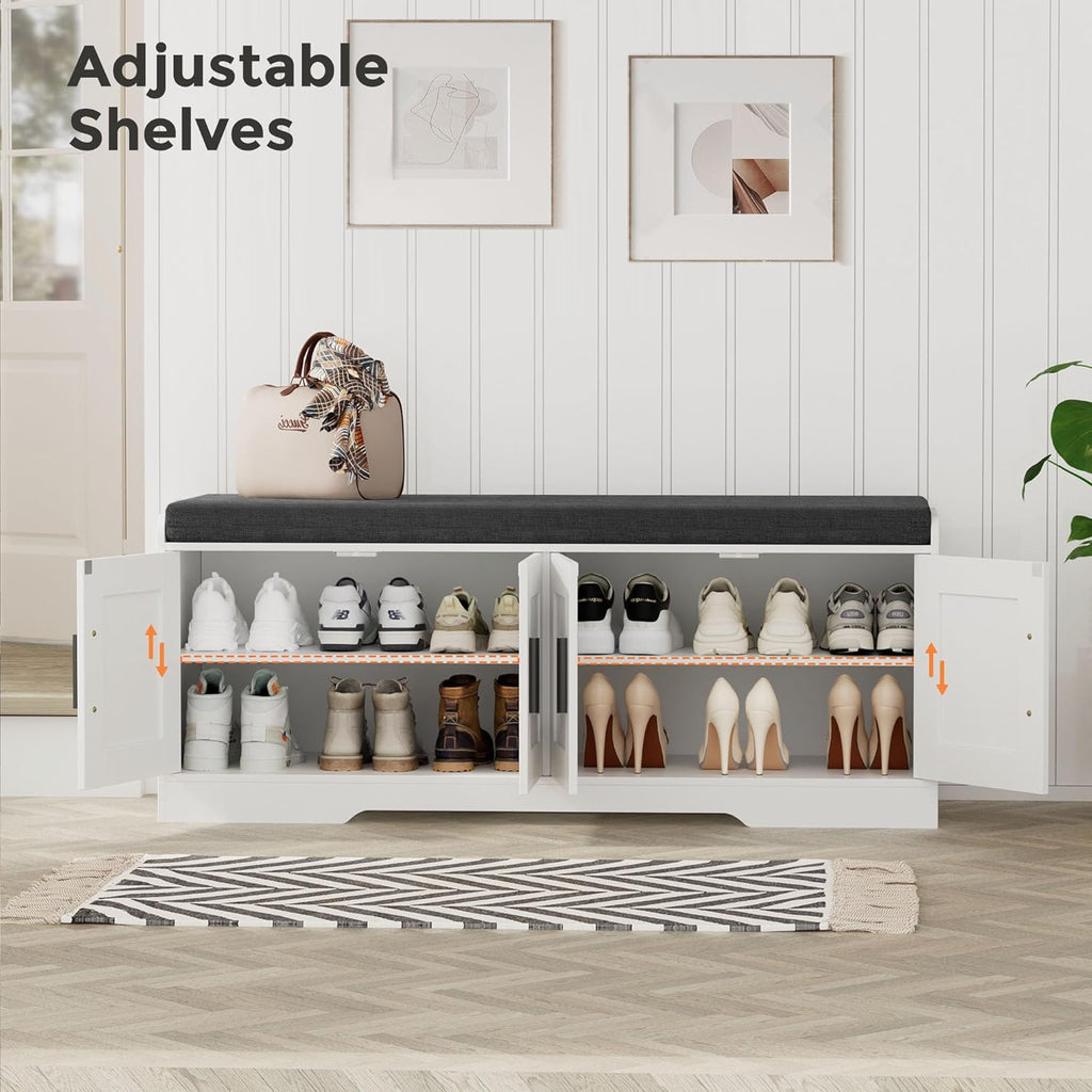 Homleke 2-Tier Storage Bench, Shoe Bench with Thickened Padded Seat Cushion, Entryway Bench with 4 Doors, Adjustable Shelf, 13.8' D x 45.3' W x 18.5' H, for Entryway, Living Room, Bedroom, White