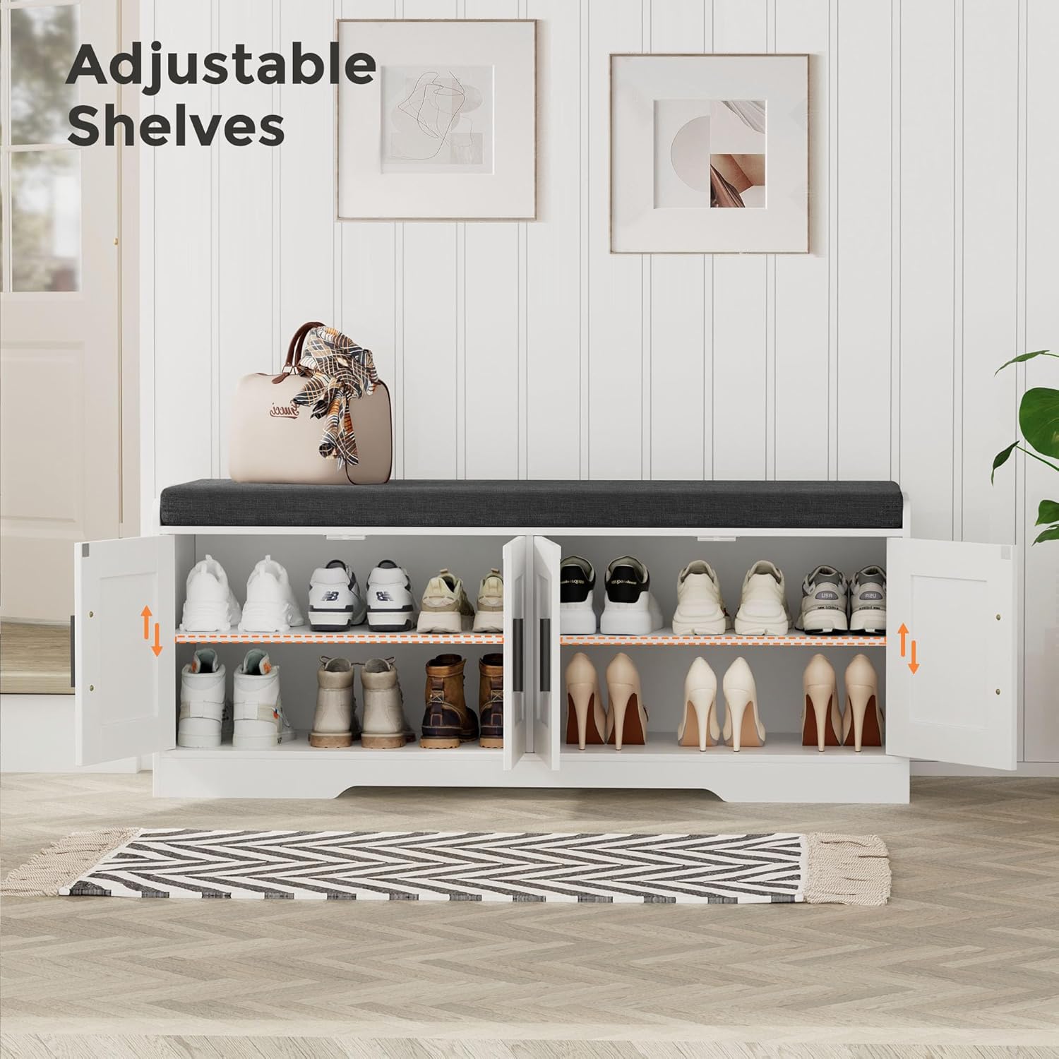 Homleke 2-Tier Storage Bench, Shoe Bench with Thickened Padded Seat Cushion, Entryway Bench with 4 Doors, Adjustable Shelf, 13.8' D x 45.3' W x 18.5' H, for Entryway, Living Room, Bedroom, White